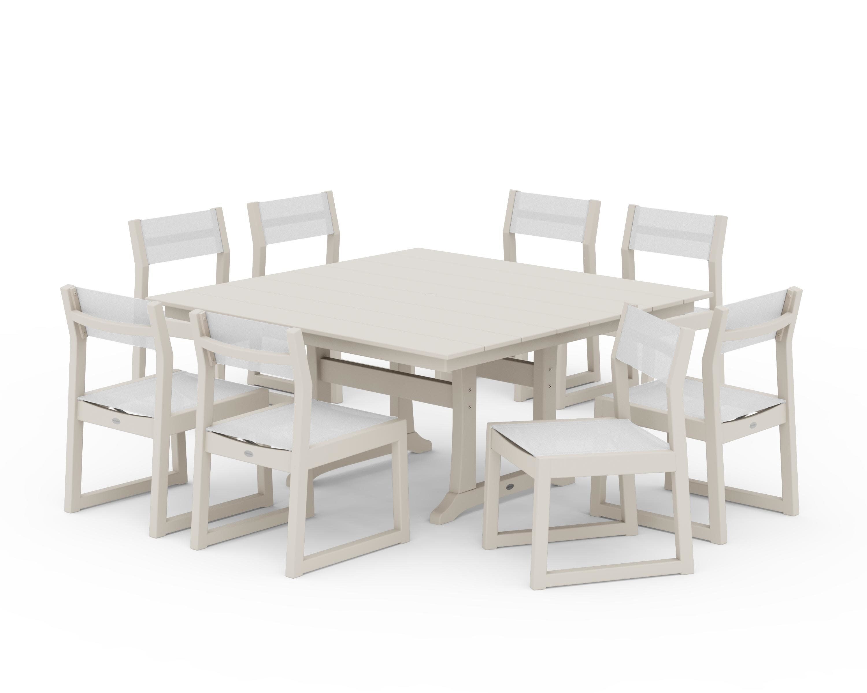 EDGE Sling Side Chair 9-Piece Farmhouse Trestle Dining Set in Sand / White Sling