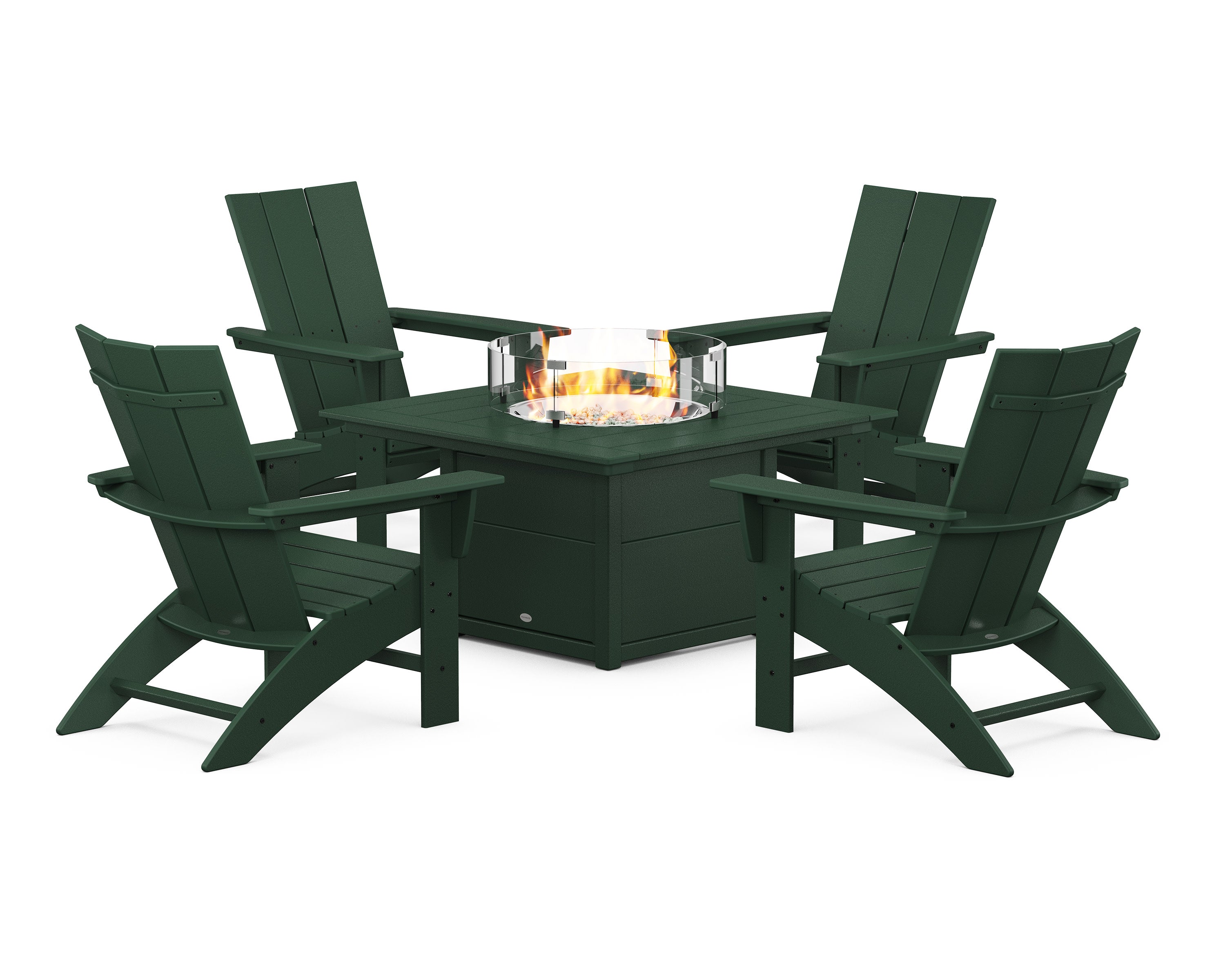 Modern Curveback Adirondack 5-Piece Conversation Set with Fire Pit Table in Green