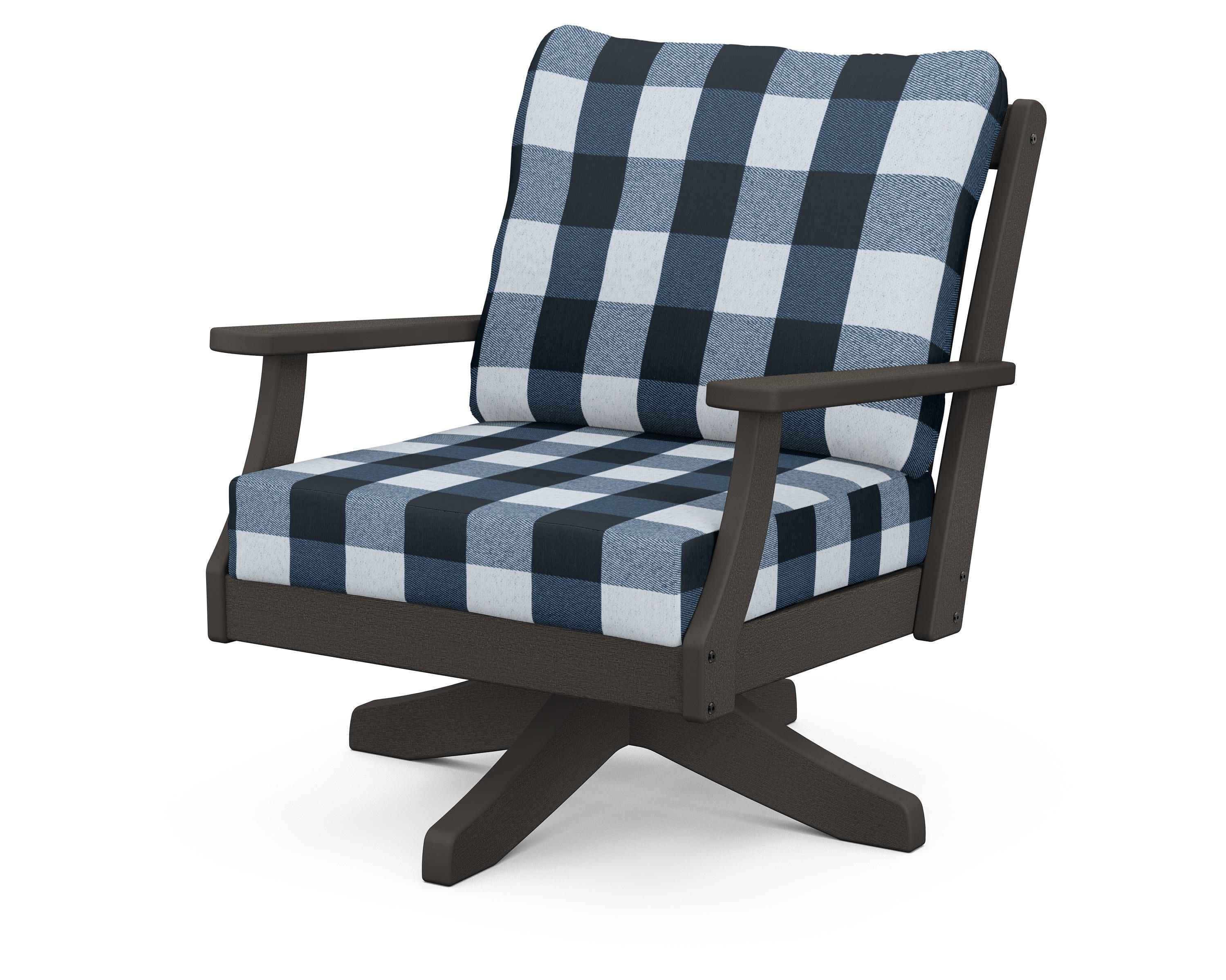 Braxton Deep Seating Swivel Chair in Vintage Coffee / Buffalo Plaid Marine Indigo