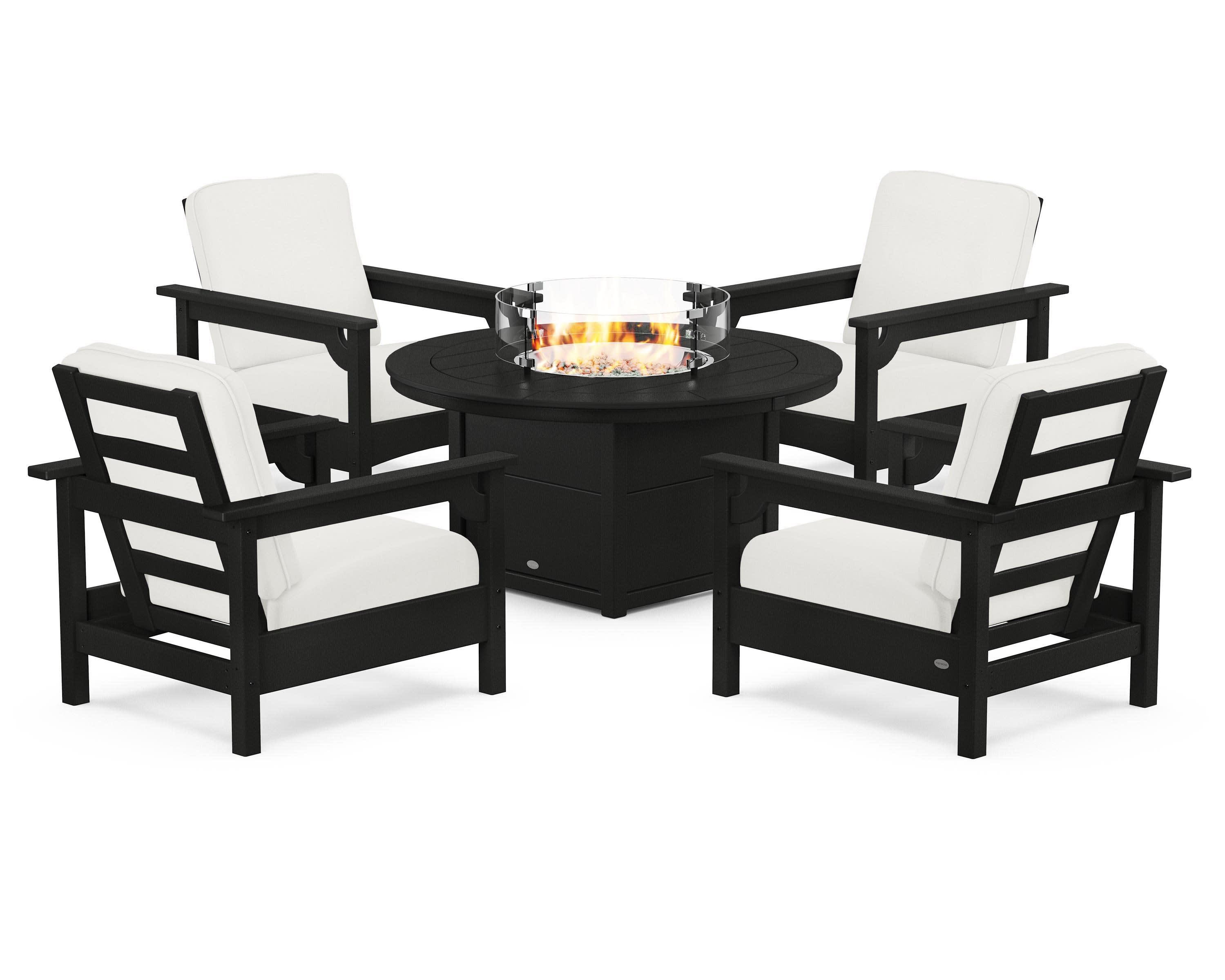 Club 5-Piece Conversation Set with Fire Pit Table in Black / Natural Linen