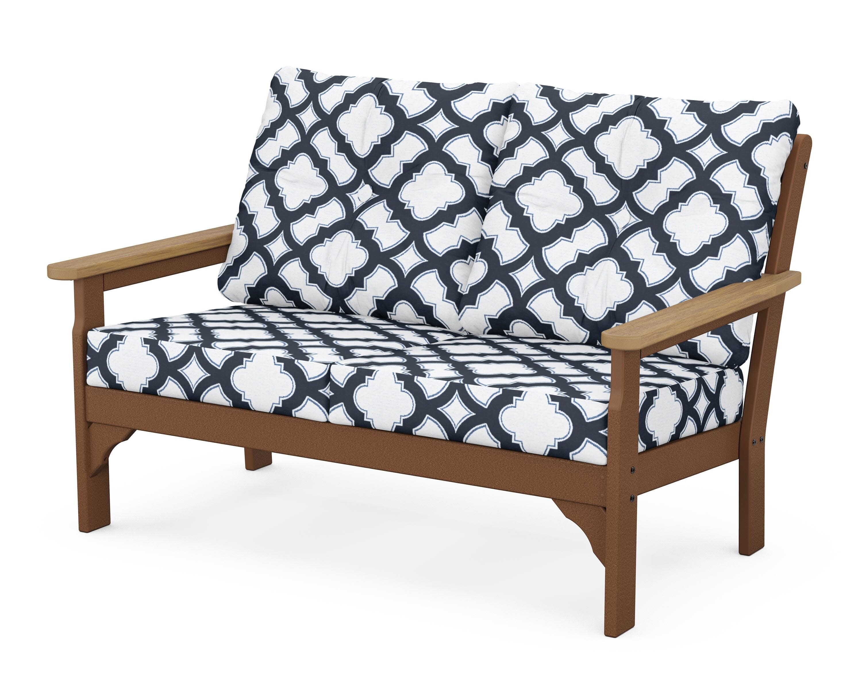 Vineyard Deep Seating Loveseat in Teak / Natural / Trellis Marine Indigo