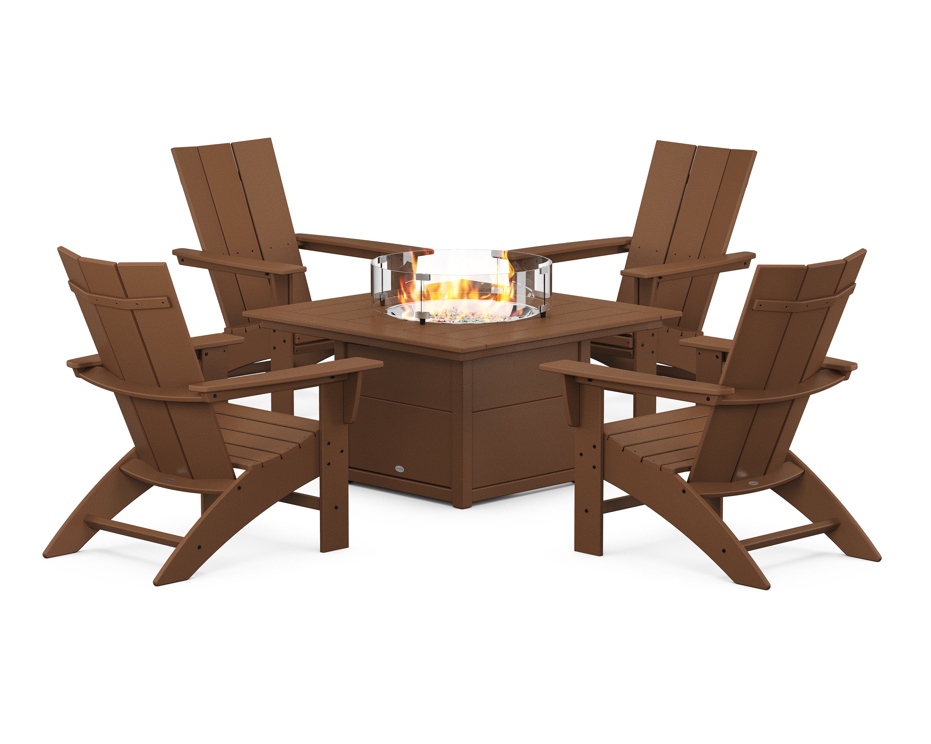 Modern Curveback Adirondack 5-Piece Conversation Set with Fire Pit Table in Teak