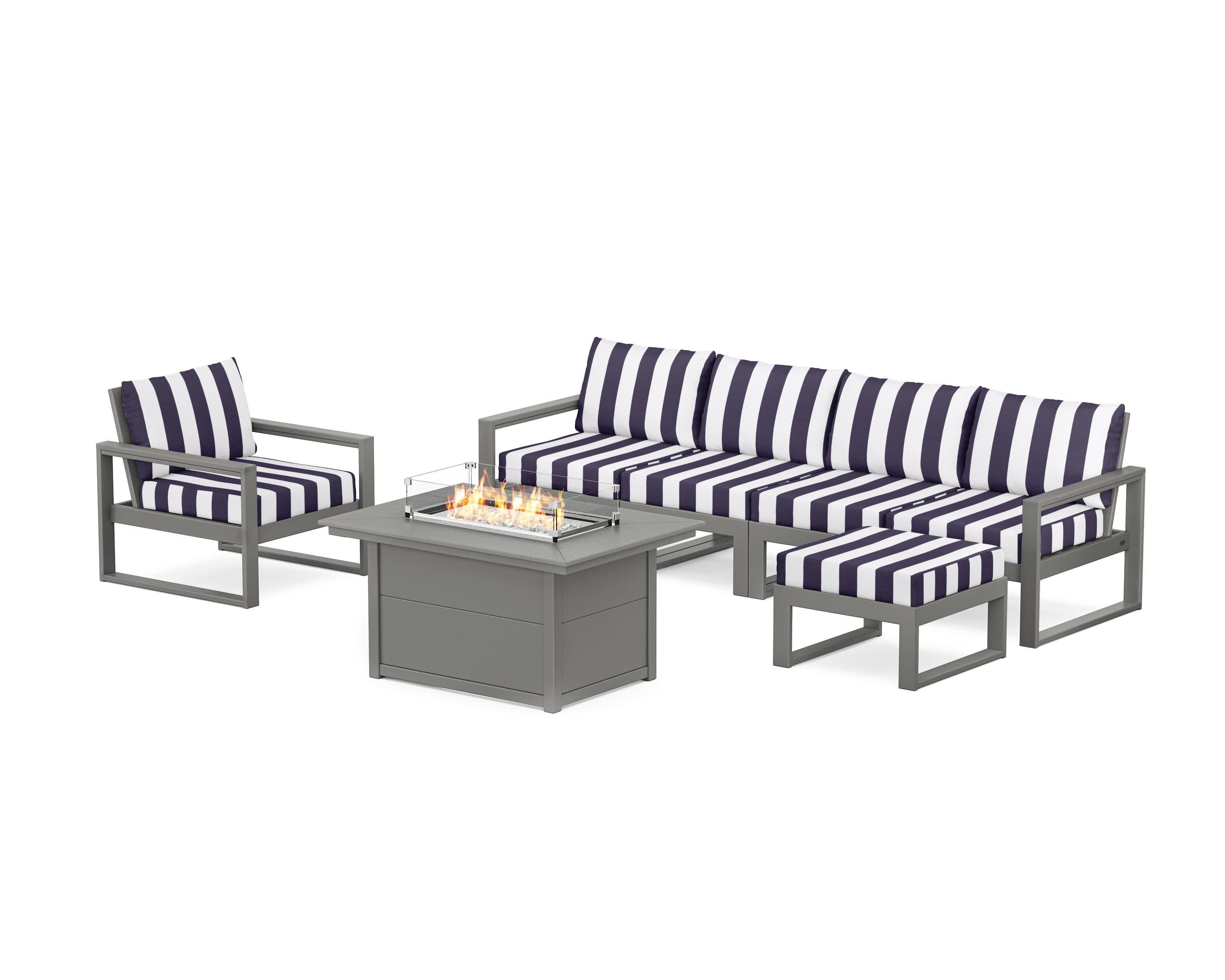 EDGE Sectional Lounge and Fire Pit Set in Slate Grey / Cabana Stripe Navy