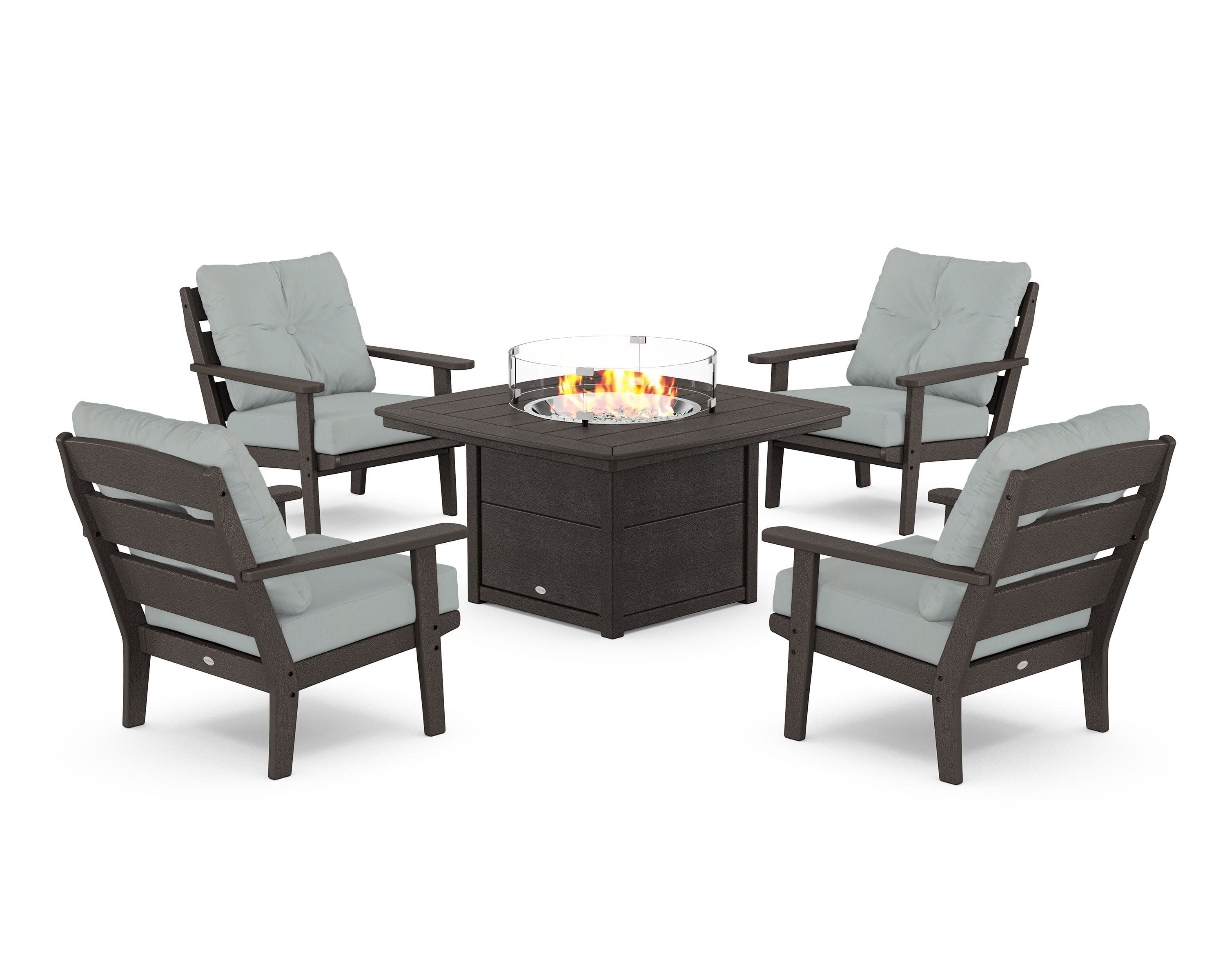 Lakeside 5-Piece Deep Seating Set with Nautical Fire Pit Table in Vintage Coffee / Spa