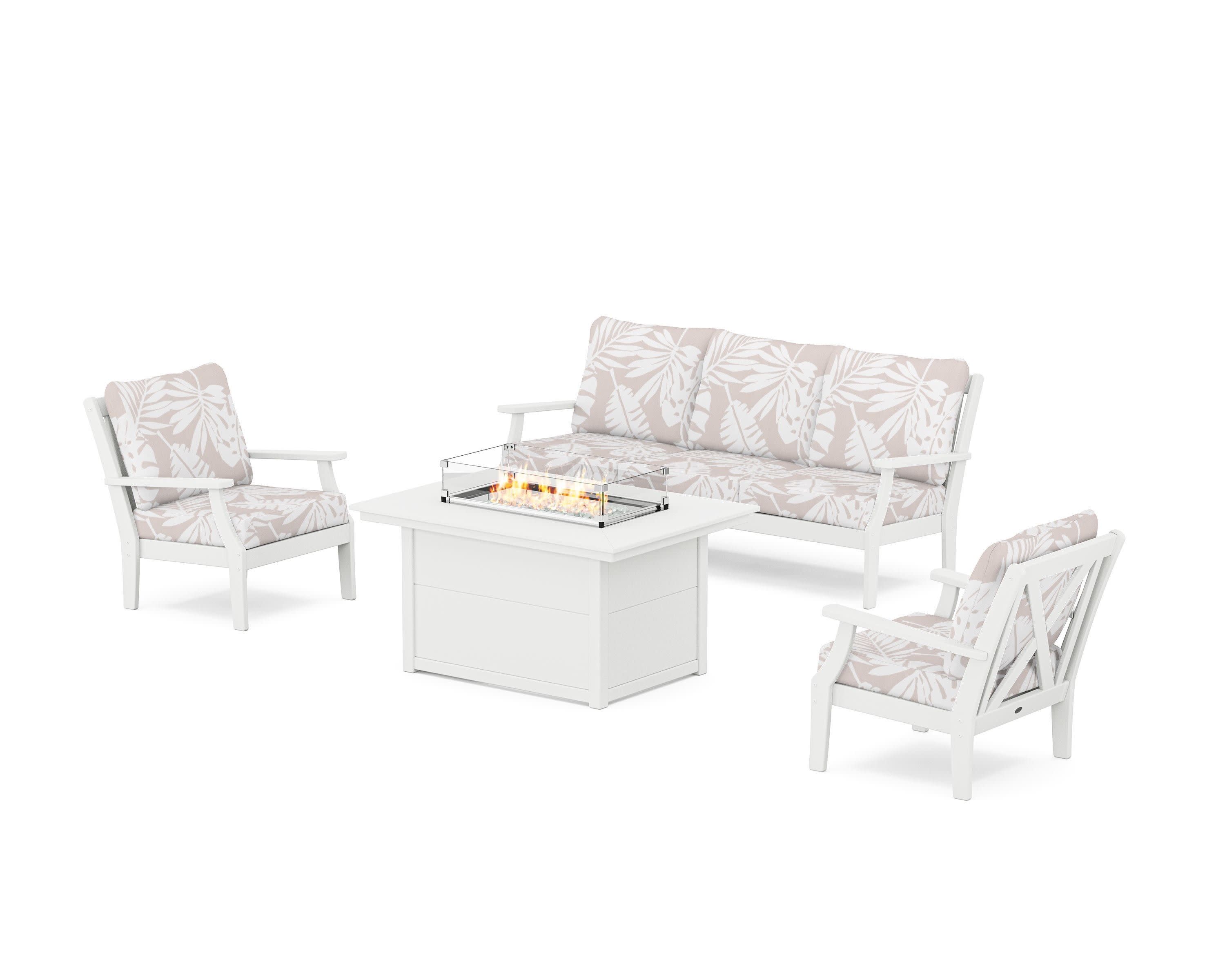 Braxton Deep Seating Fire Pit Table Set in White / Leaf Dune Burlap