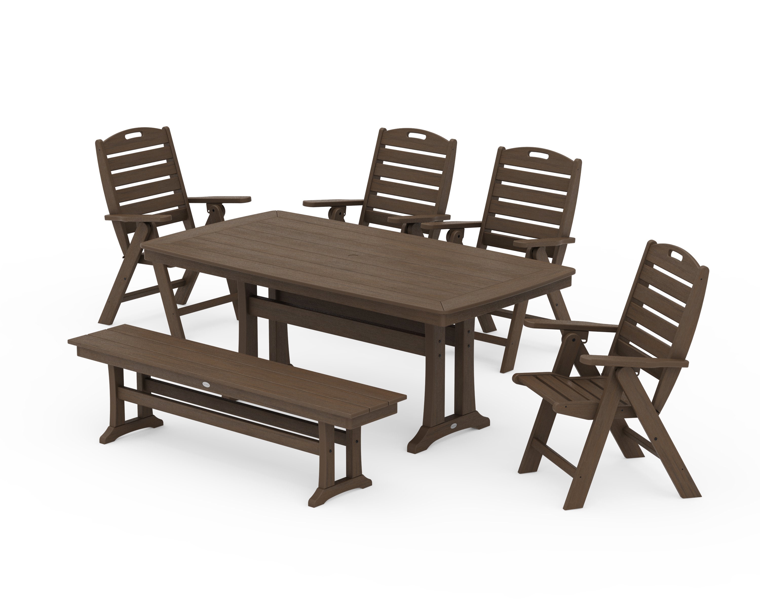 Nautical Highback 6-Piece Dining Set with Trestle Legs and Bench in Kona