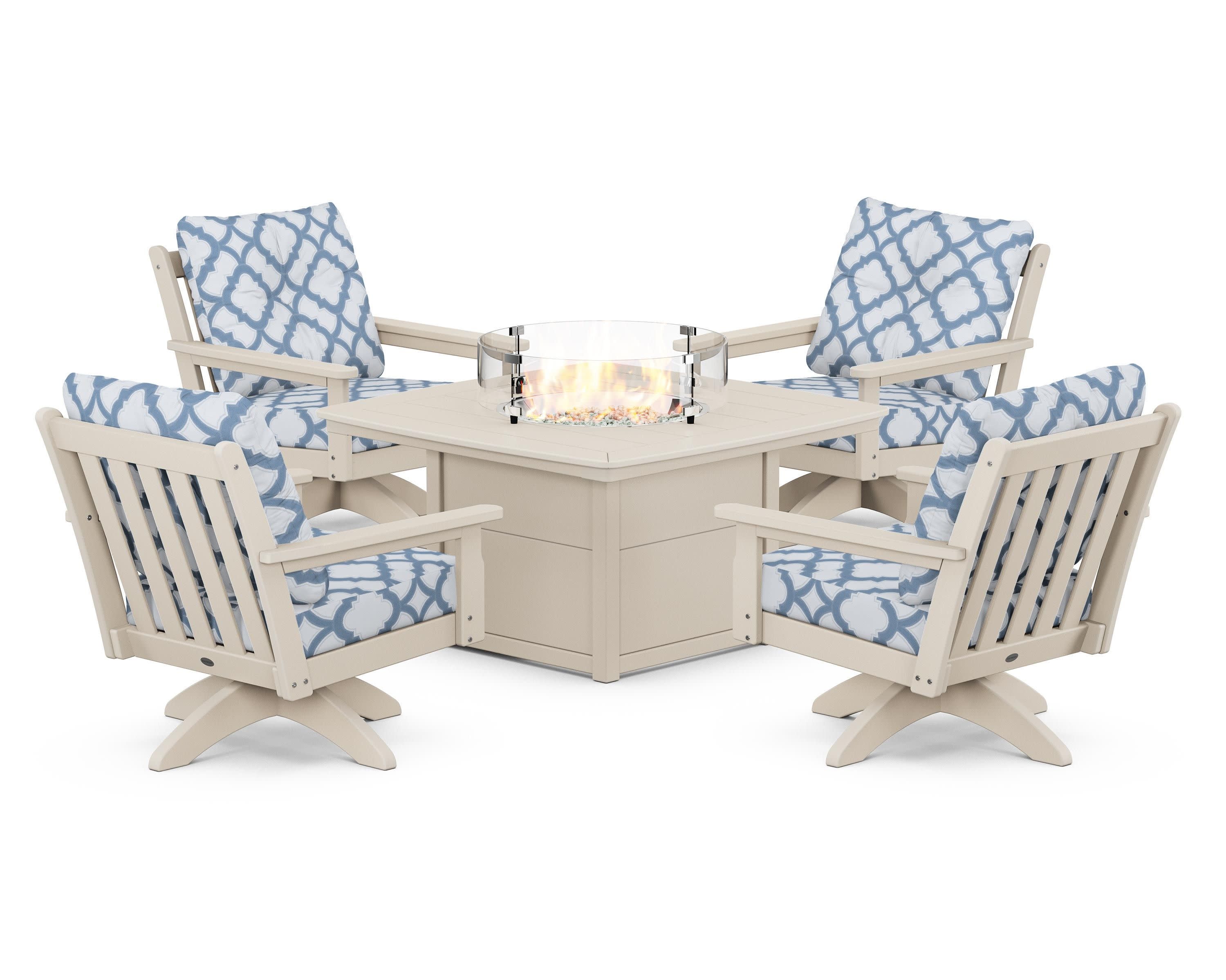 Vineyard 5-Piece Deep Seating Swivel Conversation Set with Fire Pit Table in Sand / Trellis Sky Blue