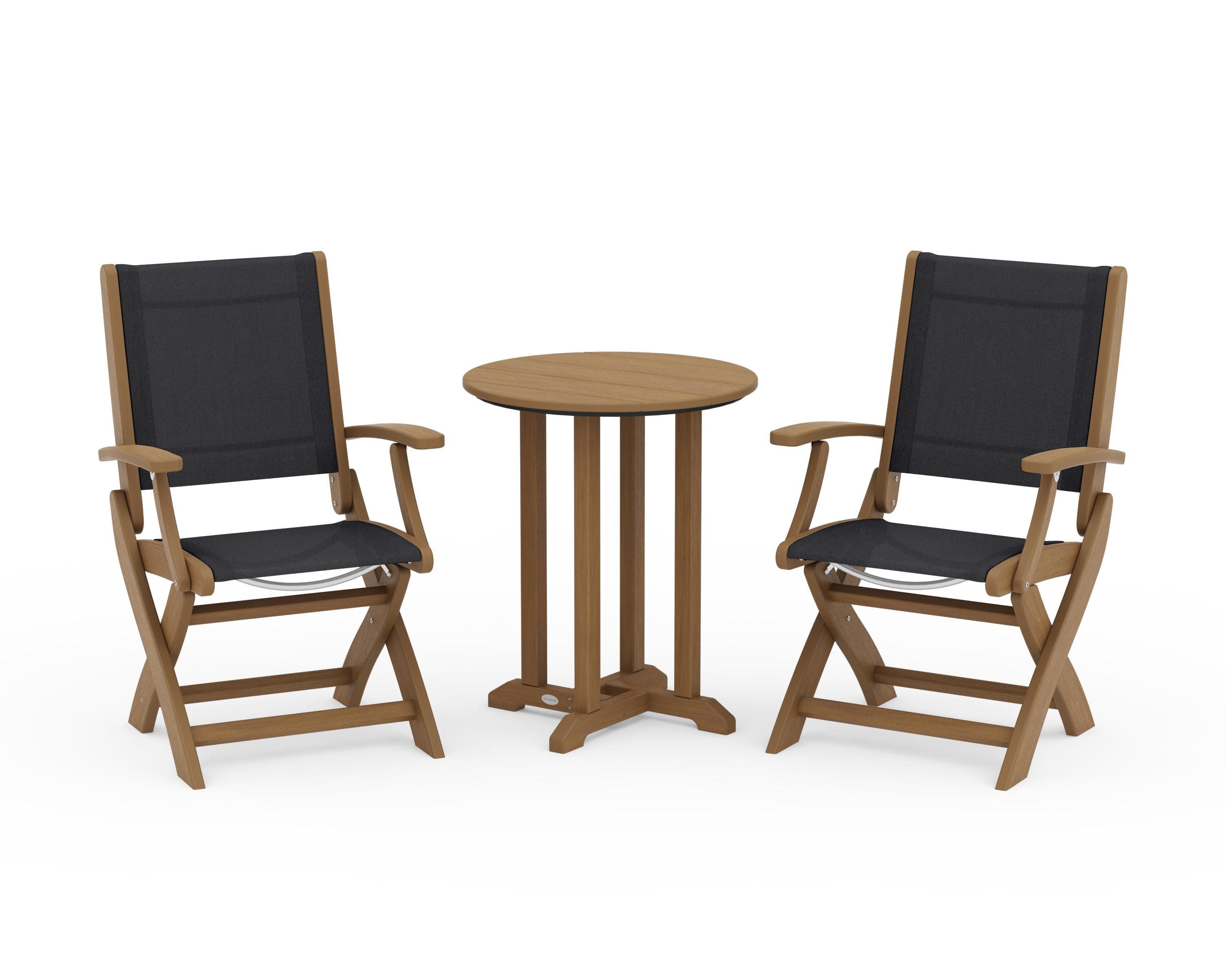 Coastal Folding 3-Piece Round Bistro Dining Set in Natural / Black Sling
