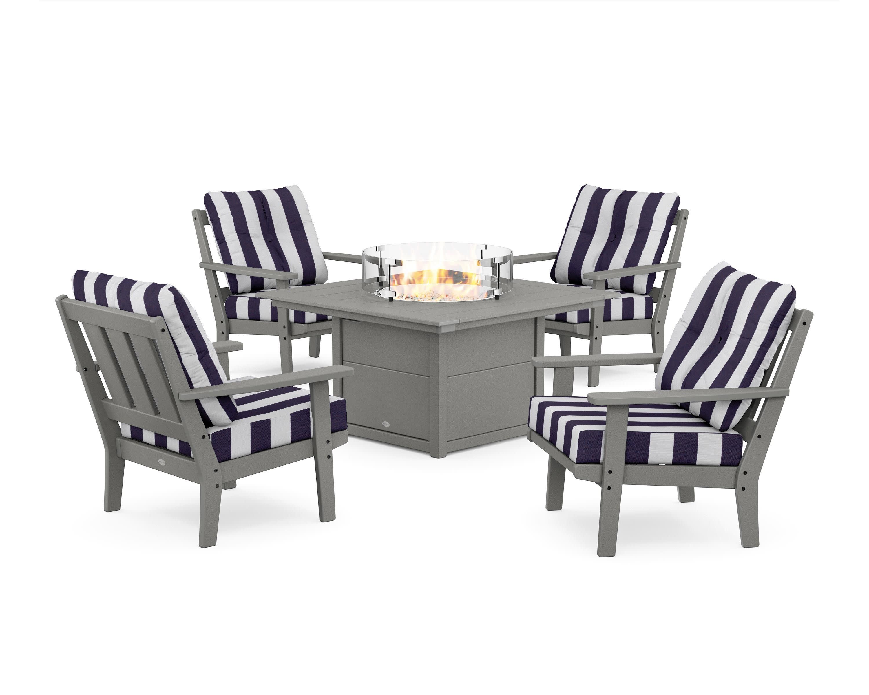 Oxford 5-Piece Deep Seating Set with Fire Pit Table in Slate Grey / Cabana Stripe Navy