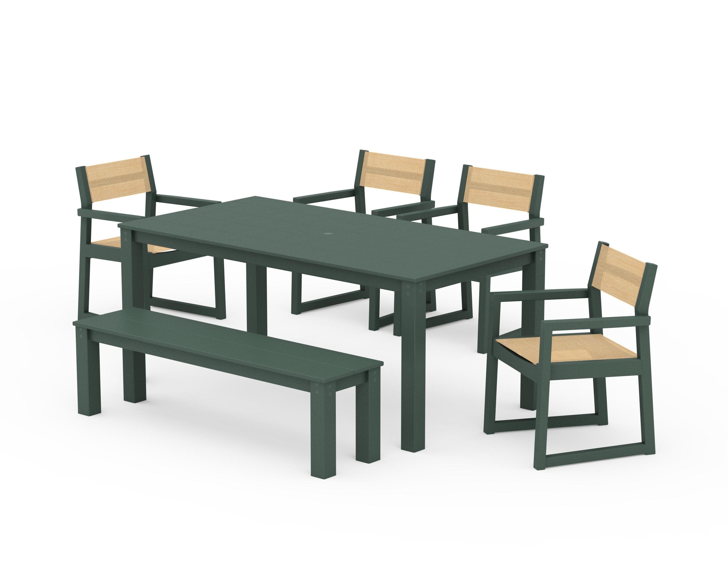 EDGE Sling Arm Chair 6-Piece Parsons Dining Set with Bench in Green / Dupioni Apricot Sling