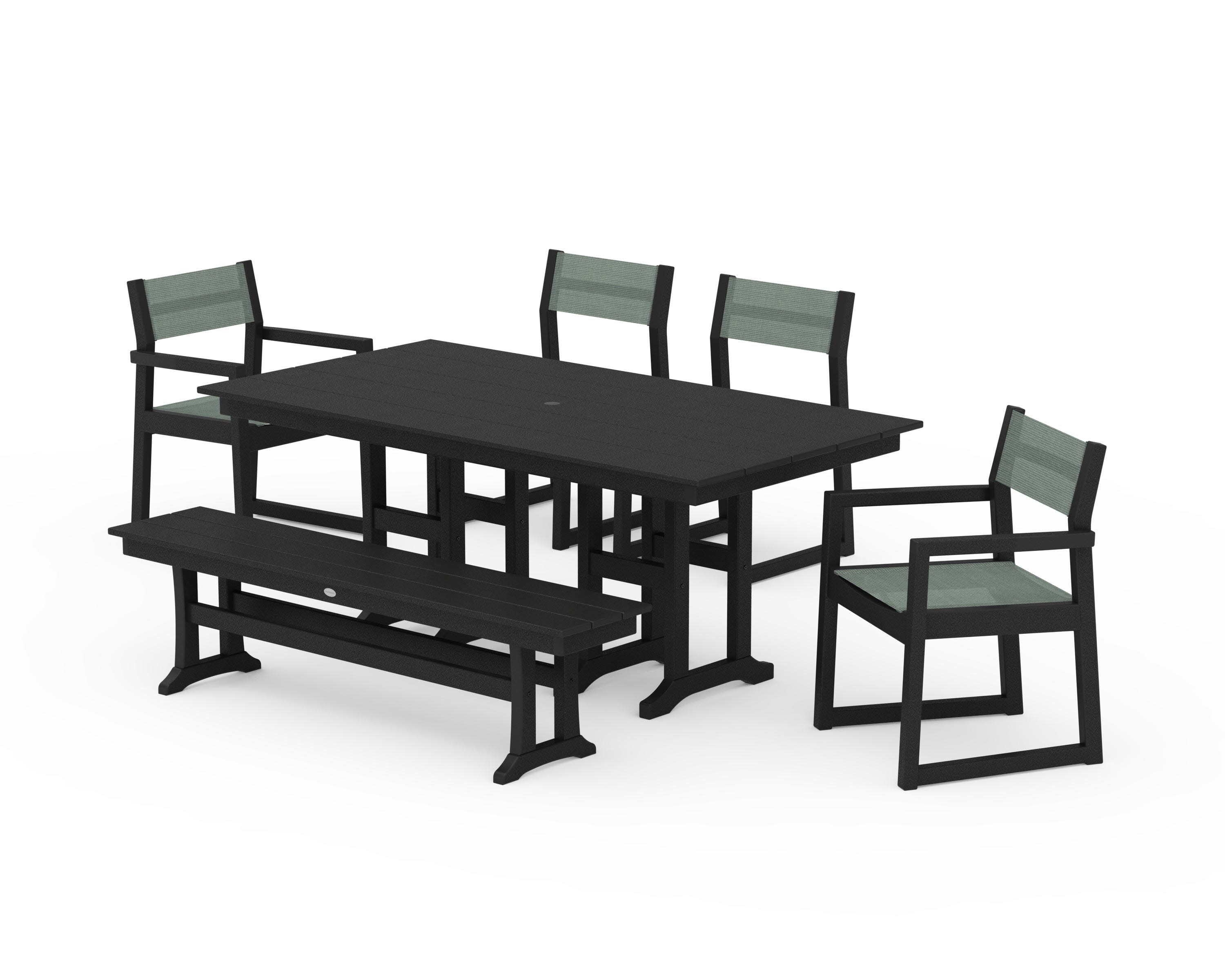 EDGE Sling 6-Piece Farmhouse Dining Set in Black / Dupioni Sea Mist Sling