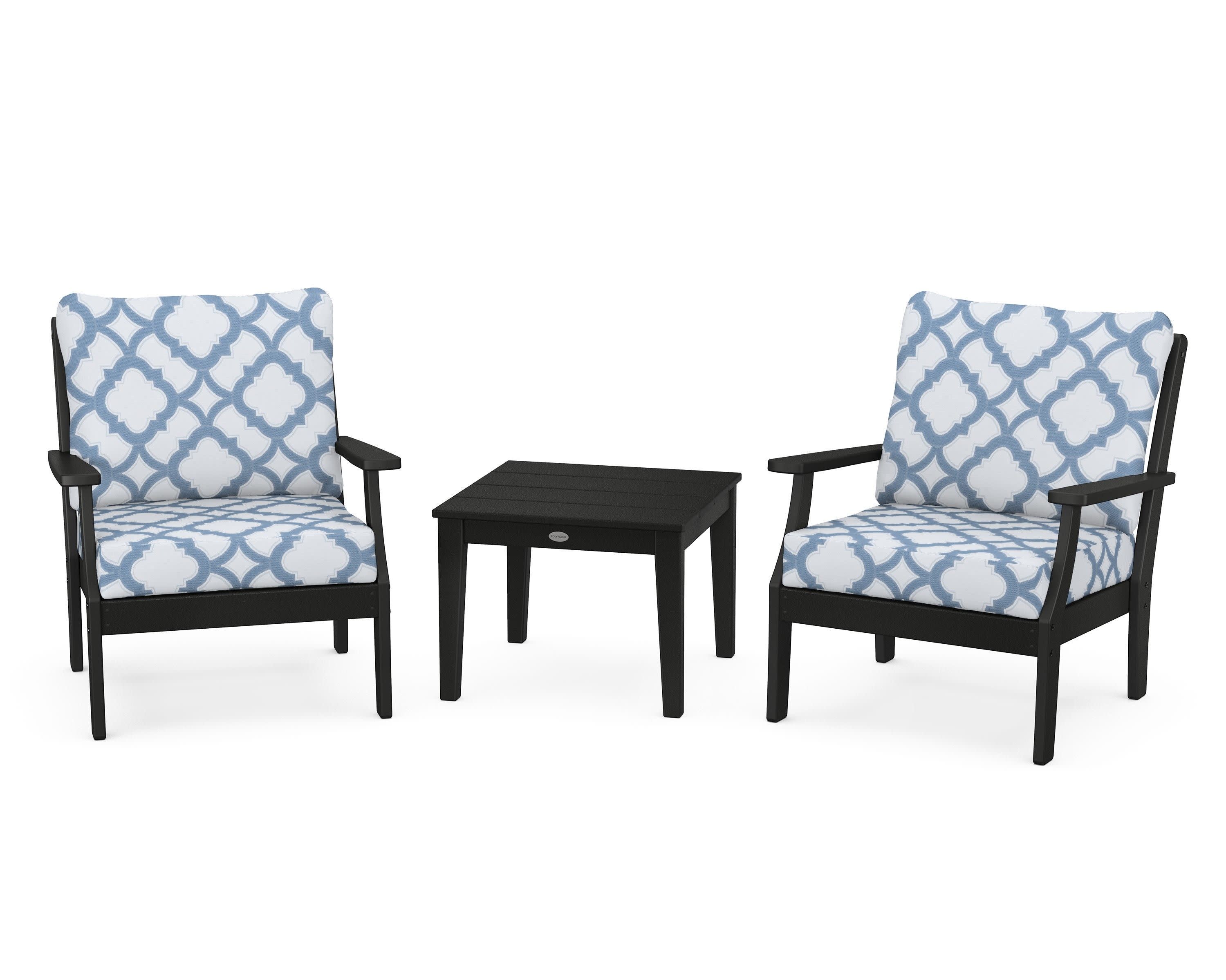 Braxton 3-Piece Deep Seating Set in Black / Trellis Sky Blue