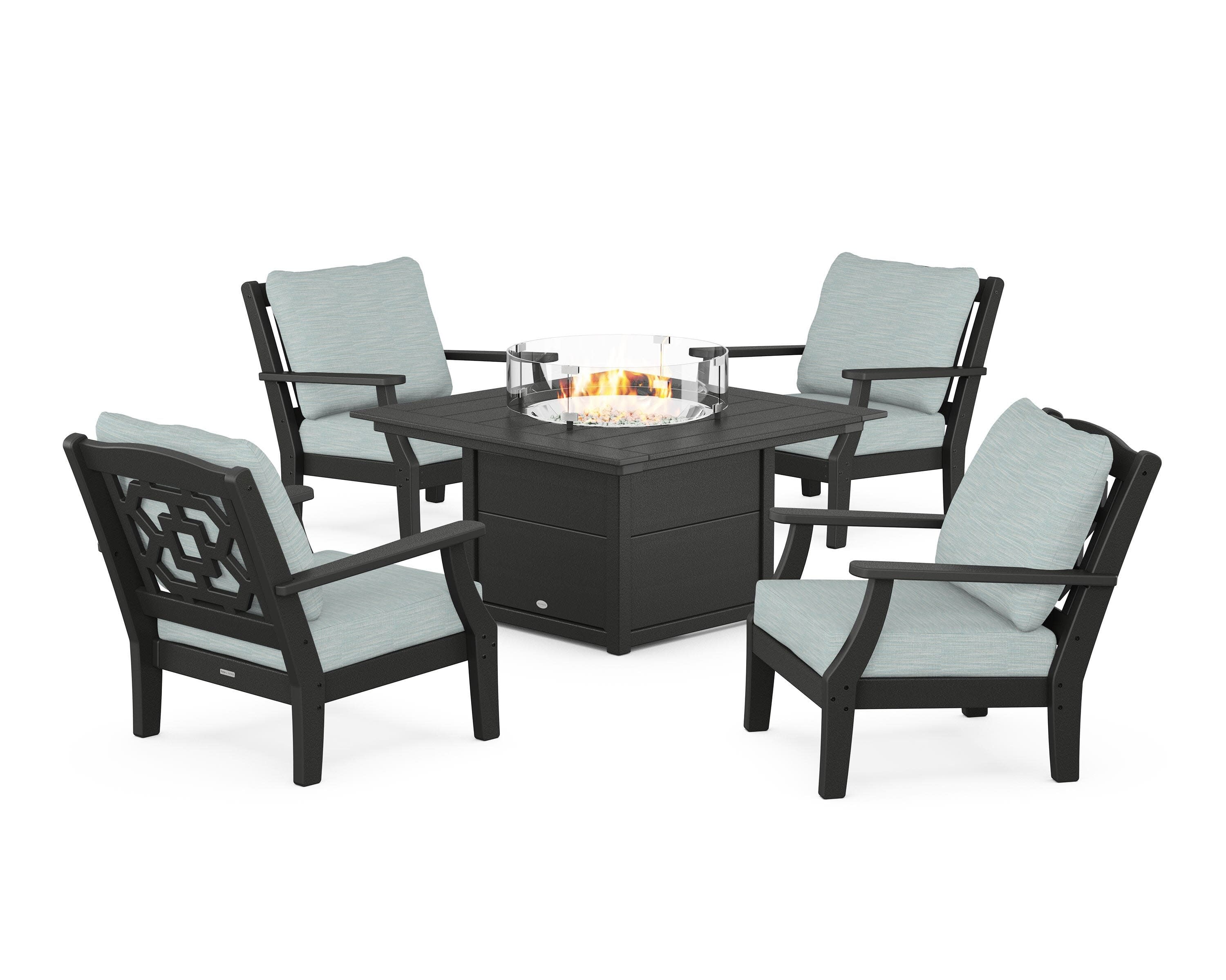 Chinoiserie 5-Piece Deep Seating Set with Fire Pit Table in Black / Soothe Mist