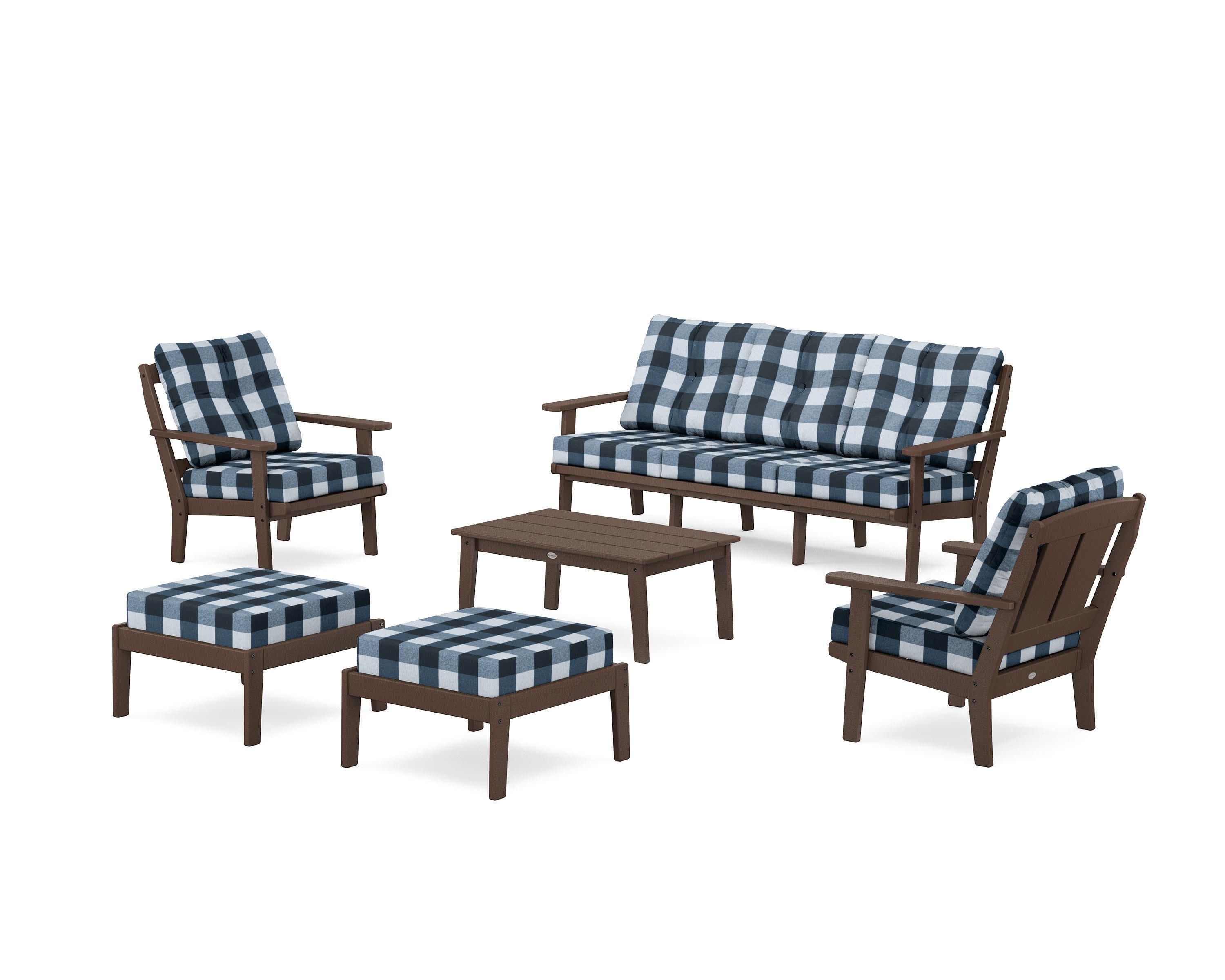 Mission 6-Piece Lounge Sofa Set in Mahogany / Buffalo Plaid Marine Indigo