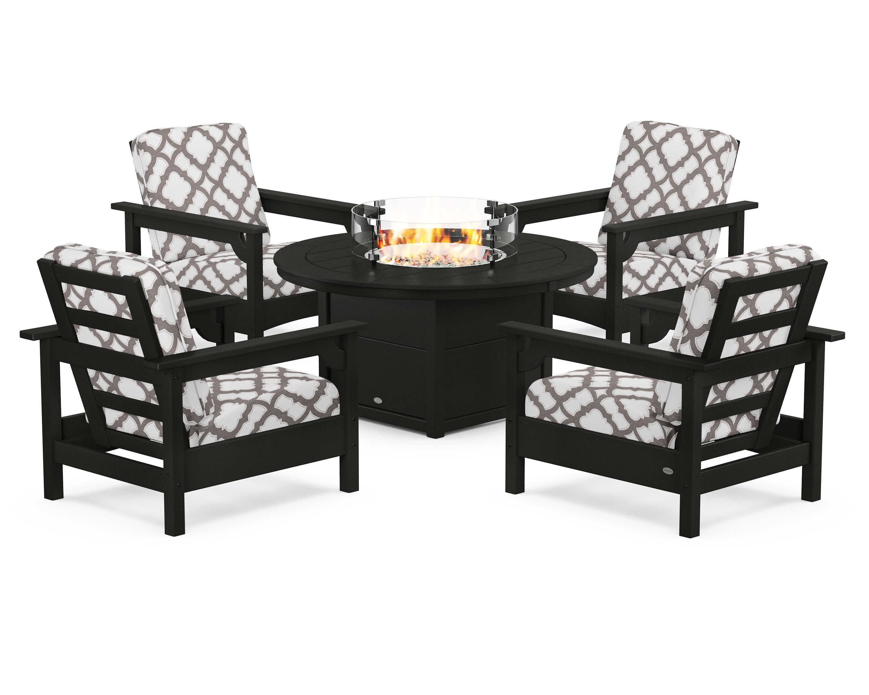 Club 5-Piece Conversation Set with Fire Pit Table in Black / Trellis Grey Mist