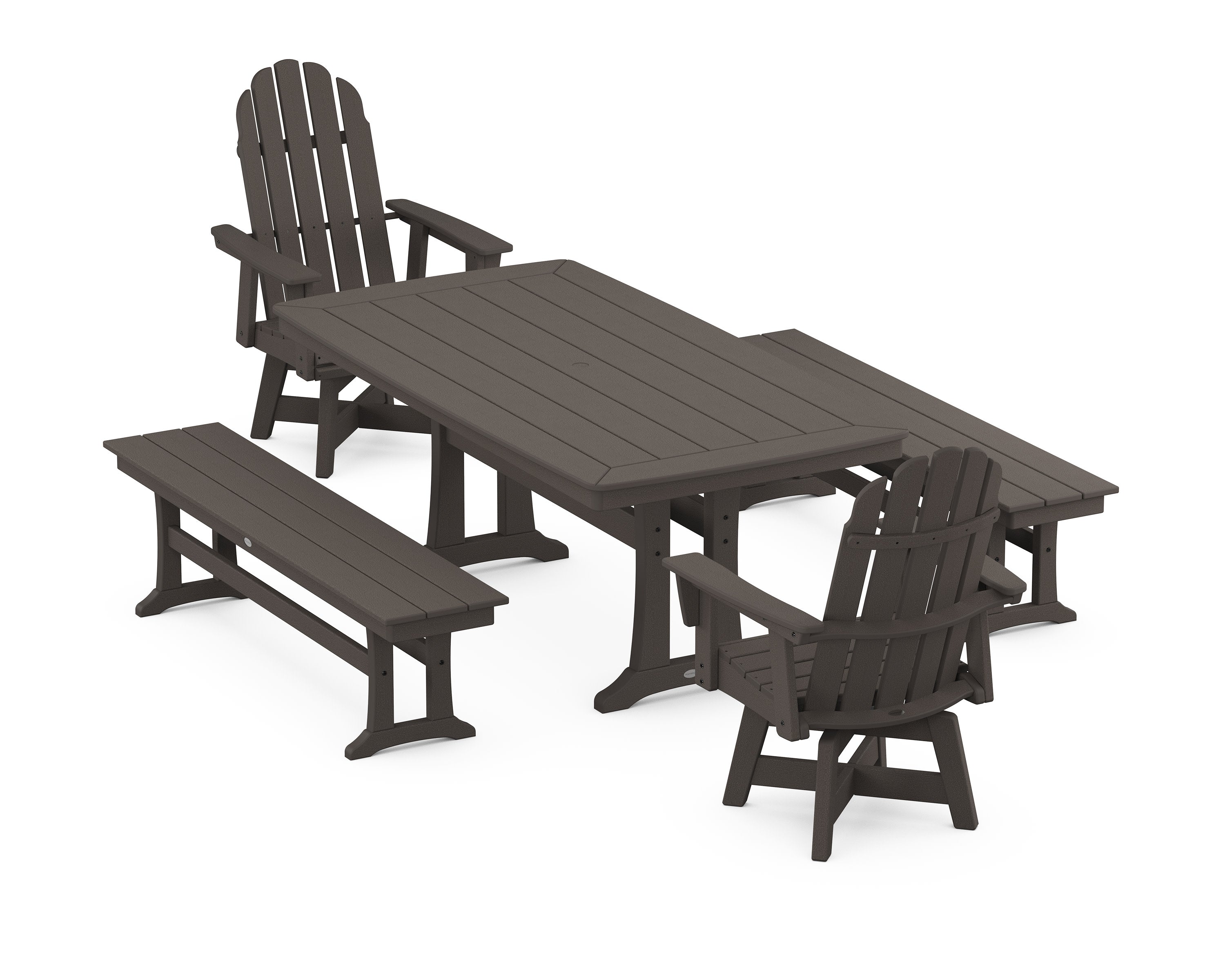Vineyard Adirondack Swivel Chair 5-Piece Dining Set with Trestle Legs and Benches in Vintage Coffee