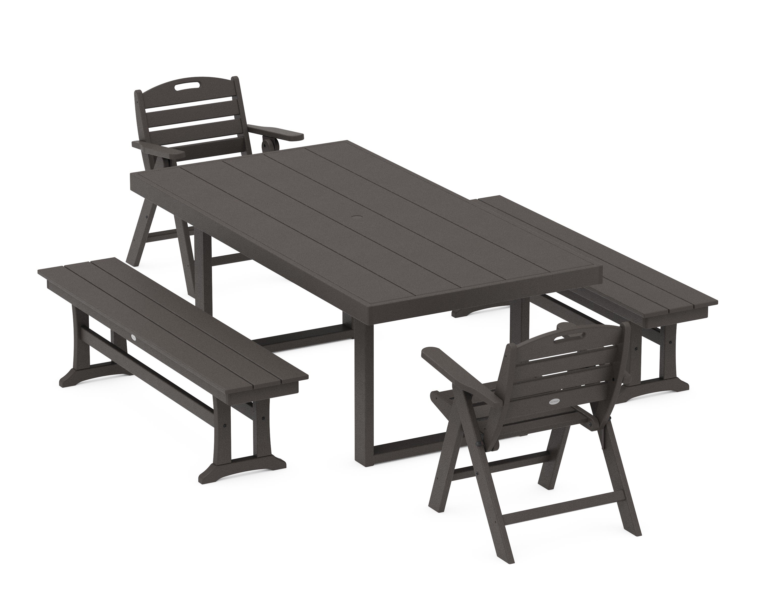 Nautical Lowback 5-Piece Dining Set with Benches in Vintage Coffee