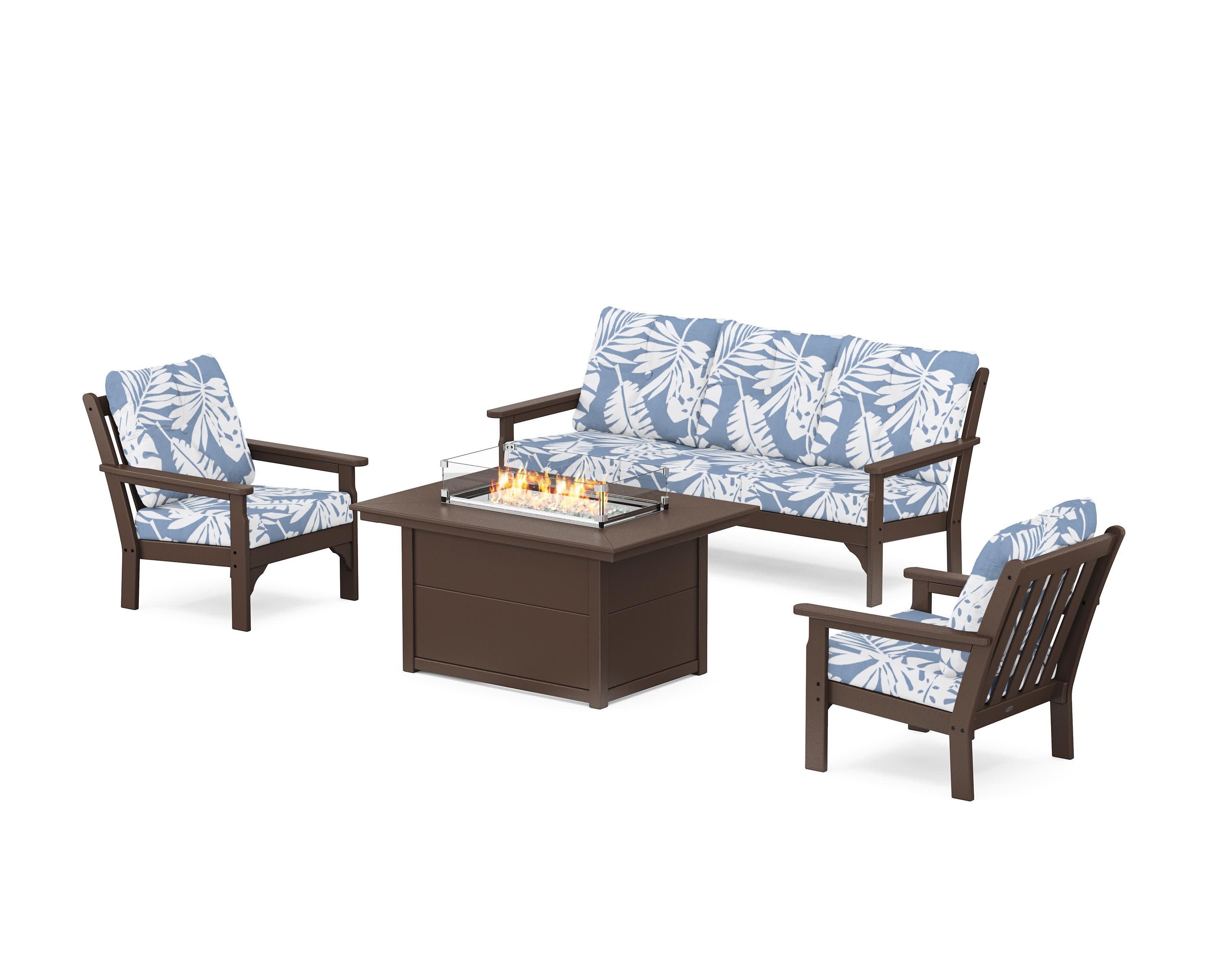 Vineyard Deep Seating Fire Pit Table Set in Mahogany / Leaf Sky Blue