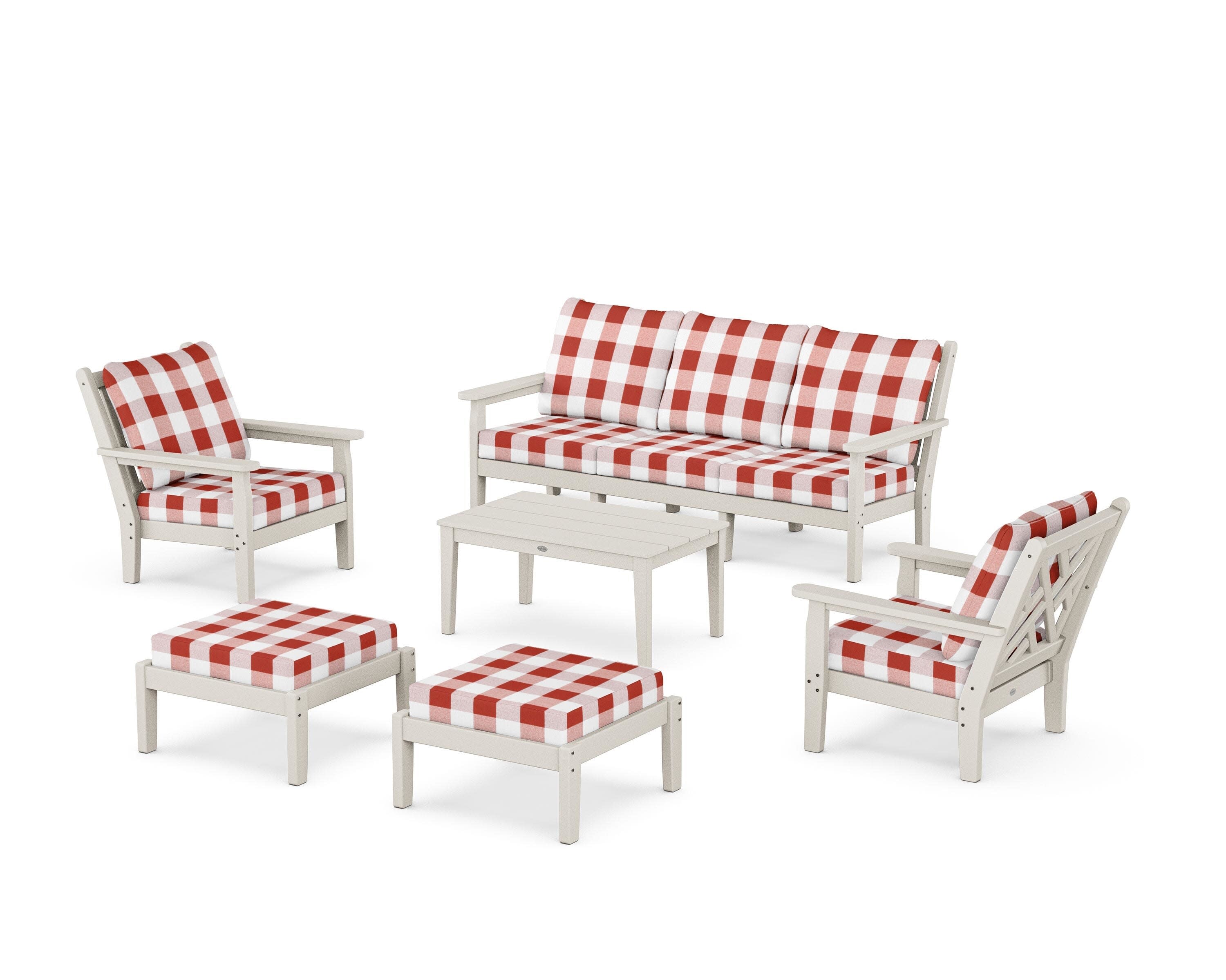 Chippendale 6-Piece Lounge Sofa Set in Sand / Buffalo Plaid Crimson