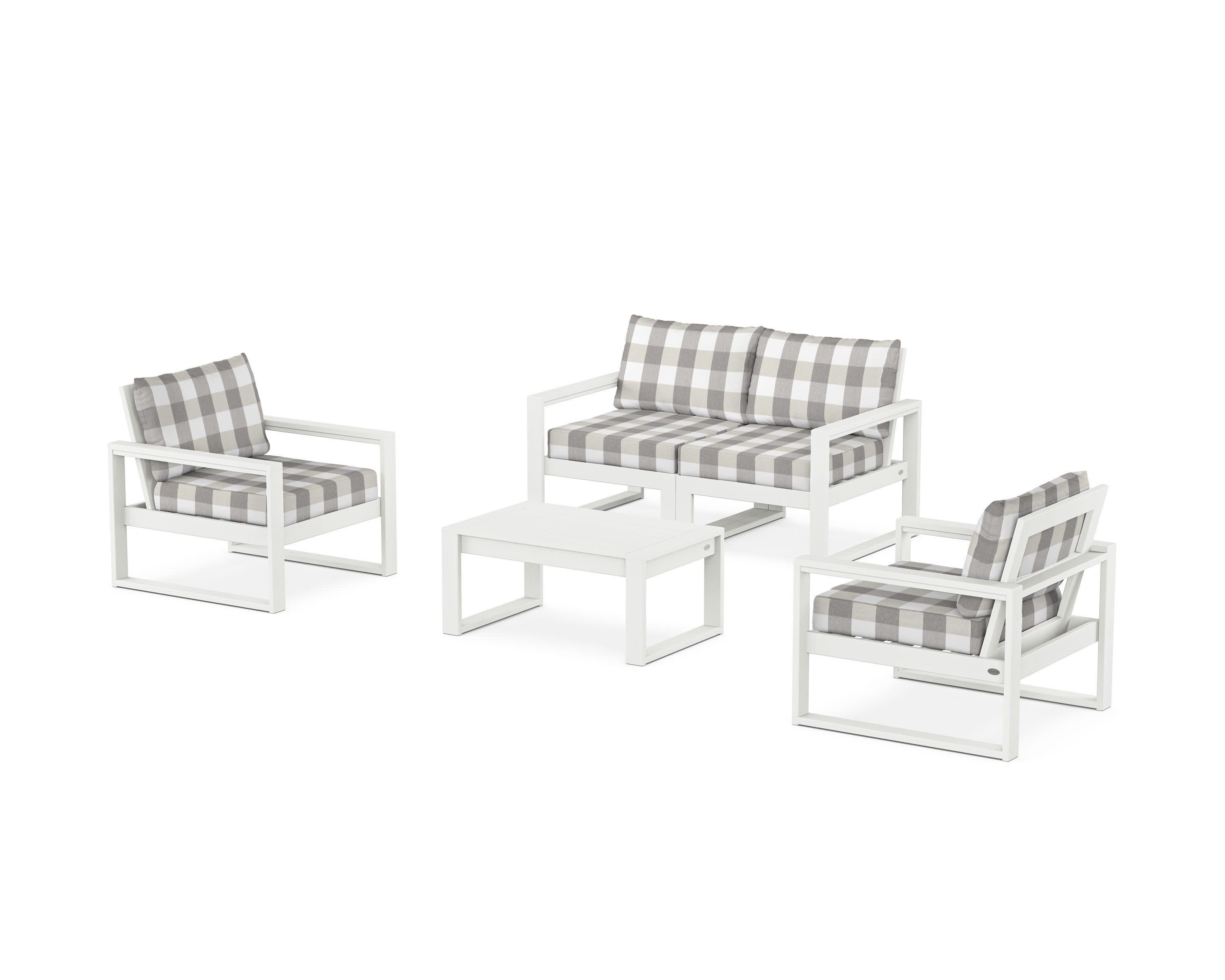 EDGE Sectional 4-Piece Deep Seating Set with Loveseat in Vintage White / Buffalo Plaid Grey Mist