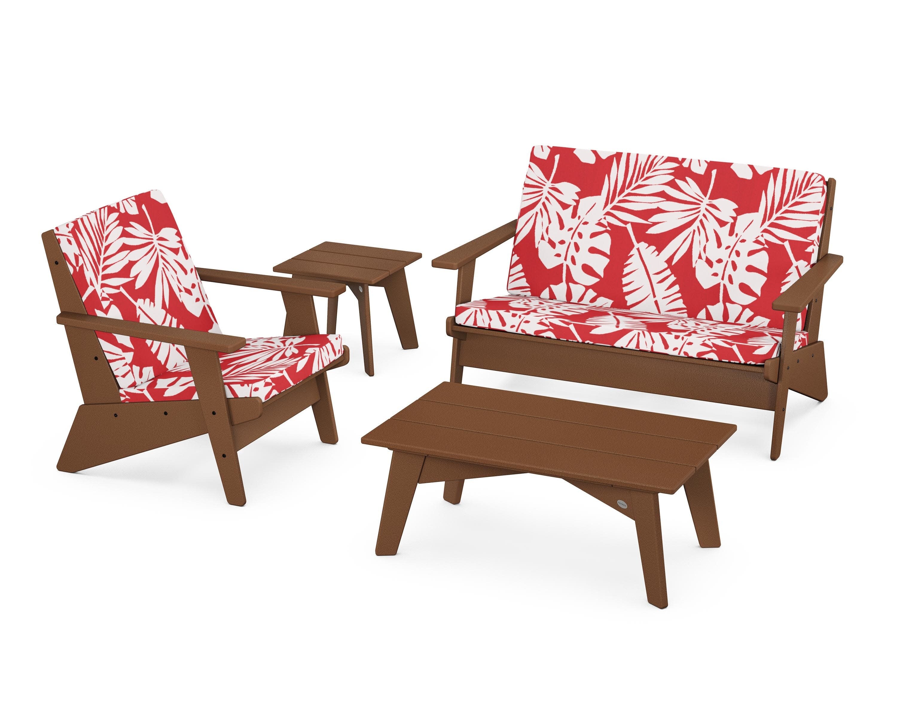 Riviera Modern Lounge 4-Piece Set in Teak / Leaf Crimson