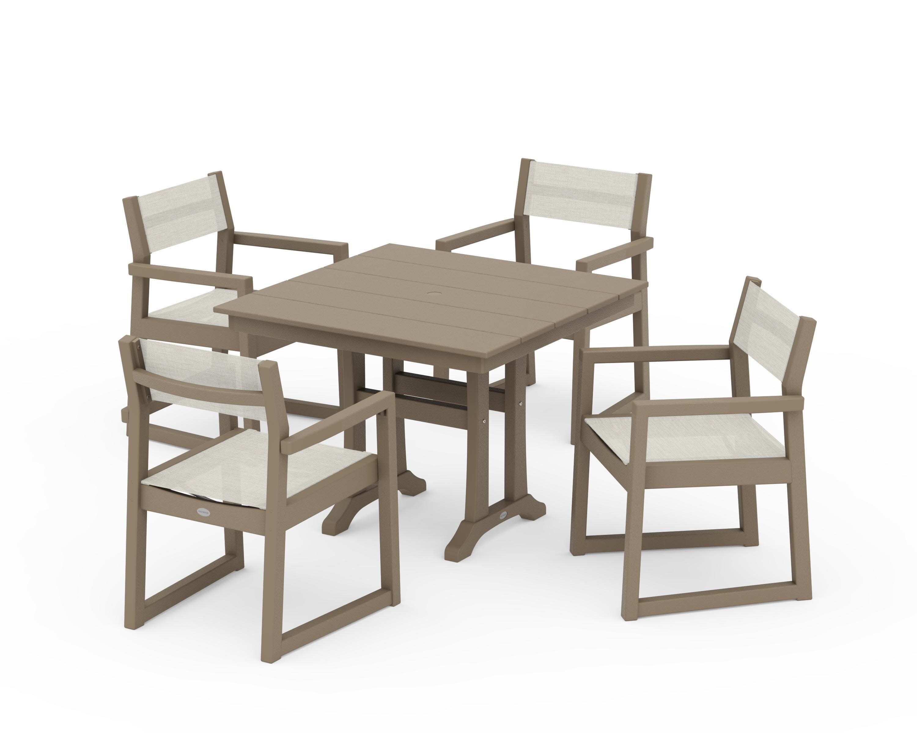 EDGE Sling 5-Piece Farmhouse Dining Set with Trestle Legs in Vintage Sahara / Parchment Sling