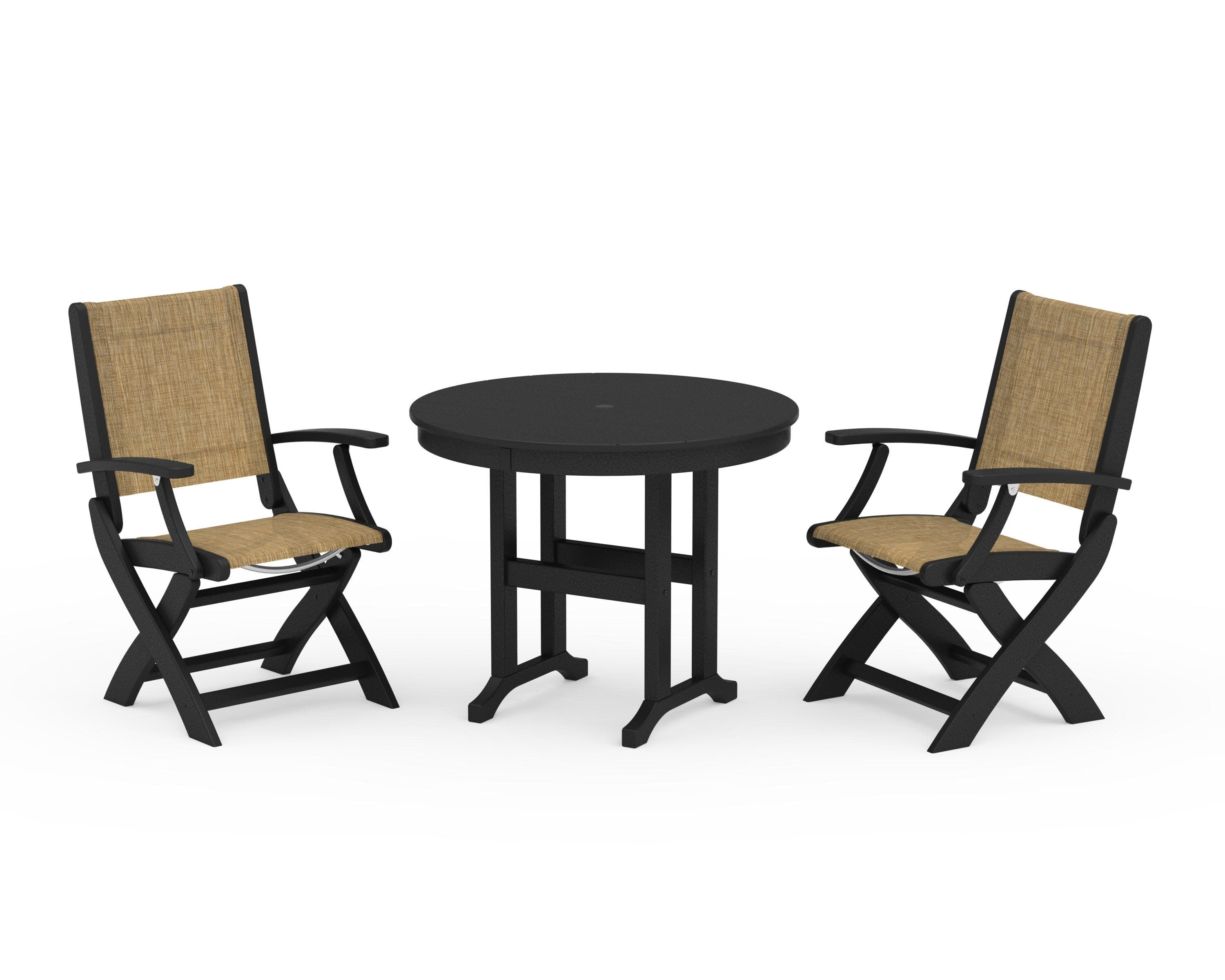 Coastal Folding Chair 3-Piece Round Dining Set in Black / Burlap Sling