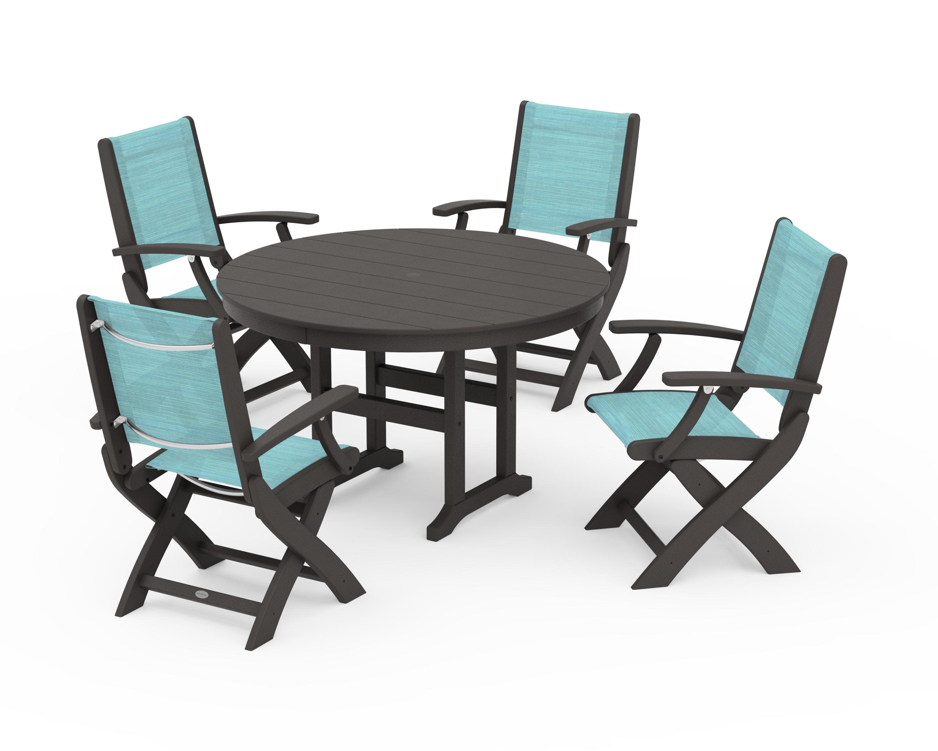 Coastal Folding Chair 5-Piece Round Dining Set in Vintage Coffee / Dupioni Aquamarine Sling