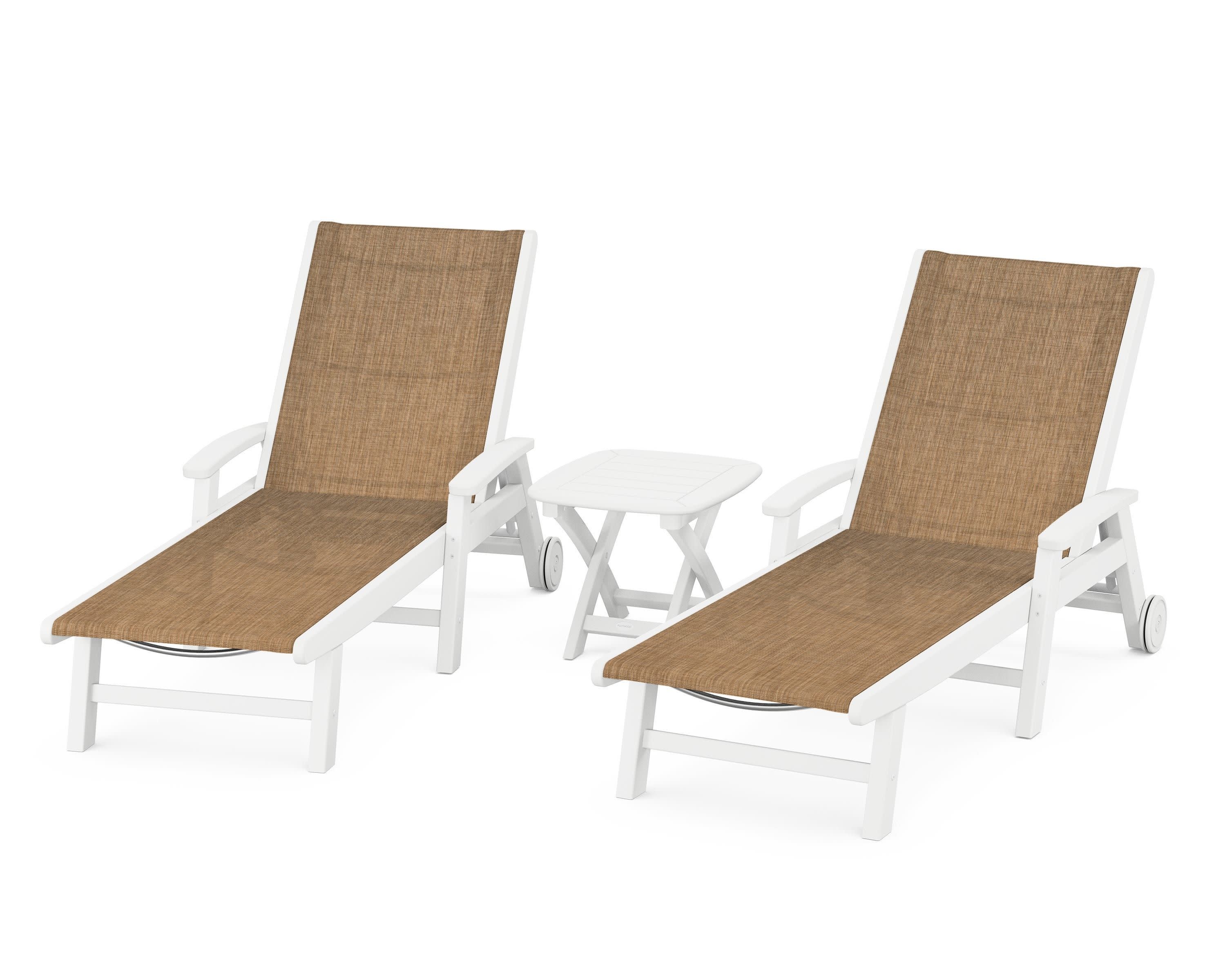 Coastal 3-Piece Wheeled Chaise Set in White / Burlap Sling