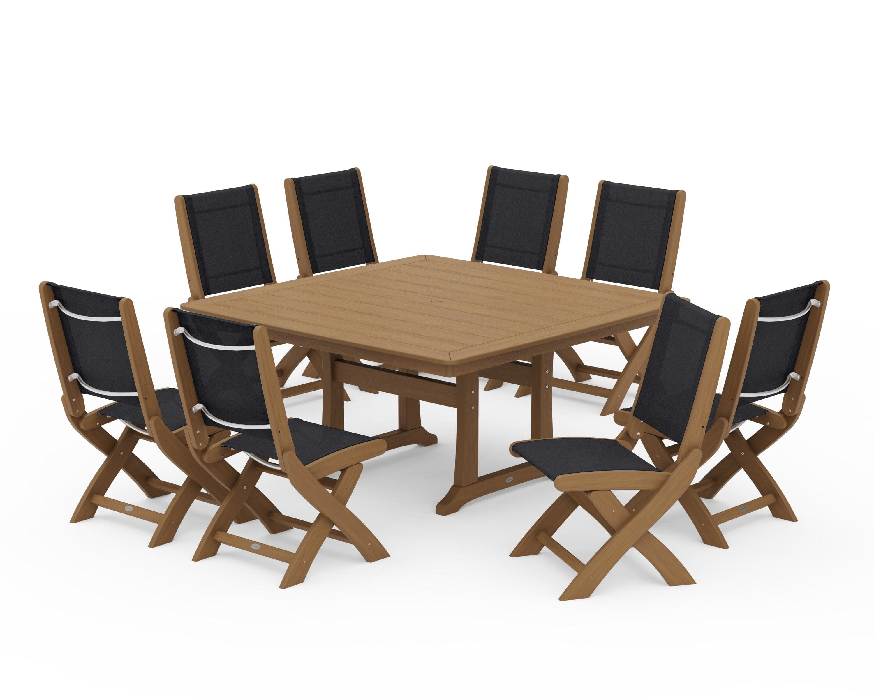 Coastal Folding Side Chair 9-Piece Dining Set with Trestle Legs in Natural / Black Sling