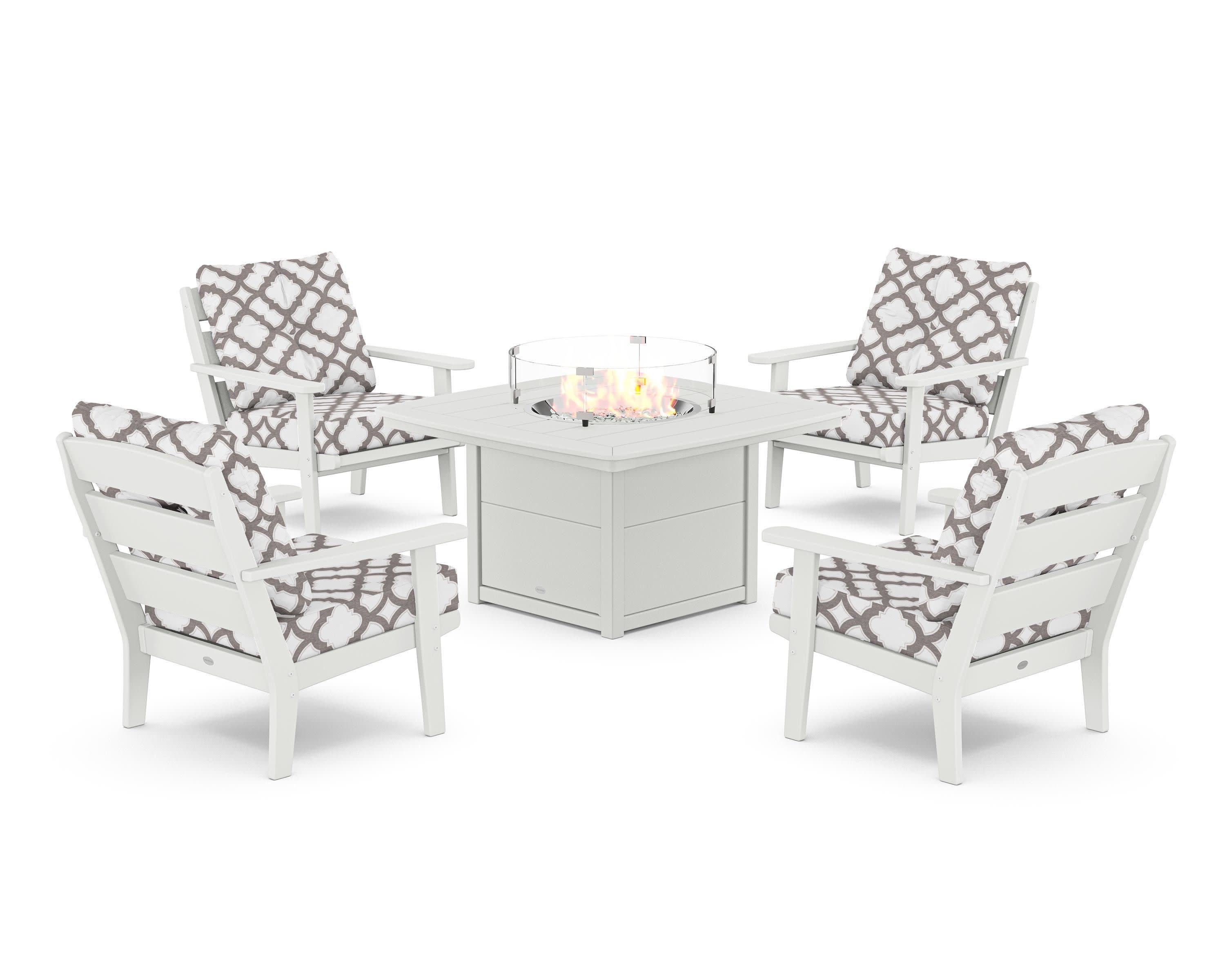 Lakeside 5-Piece Deep Seating Set with Nautical Fire Pit Table in White / Trellis Grey Mist