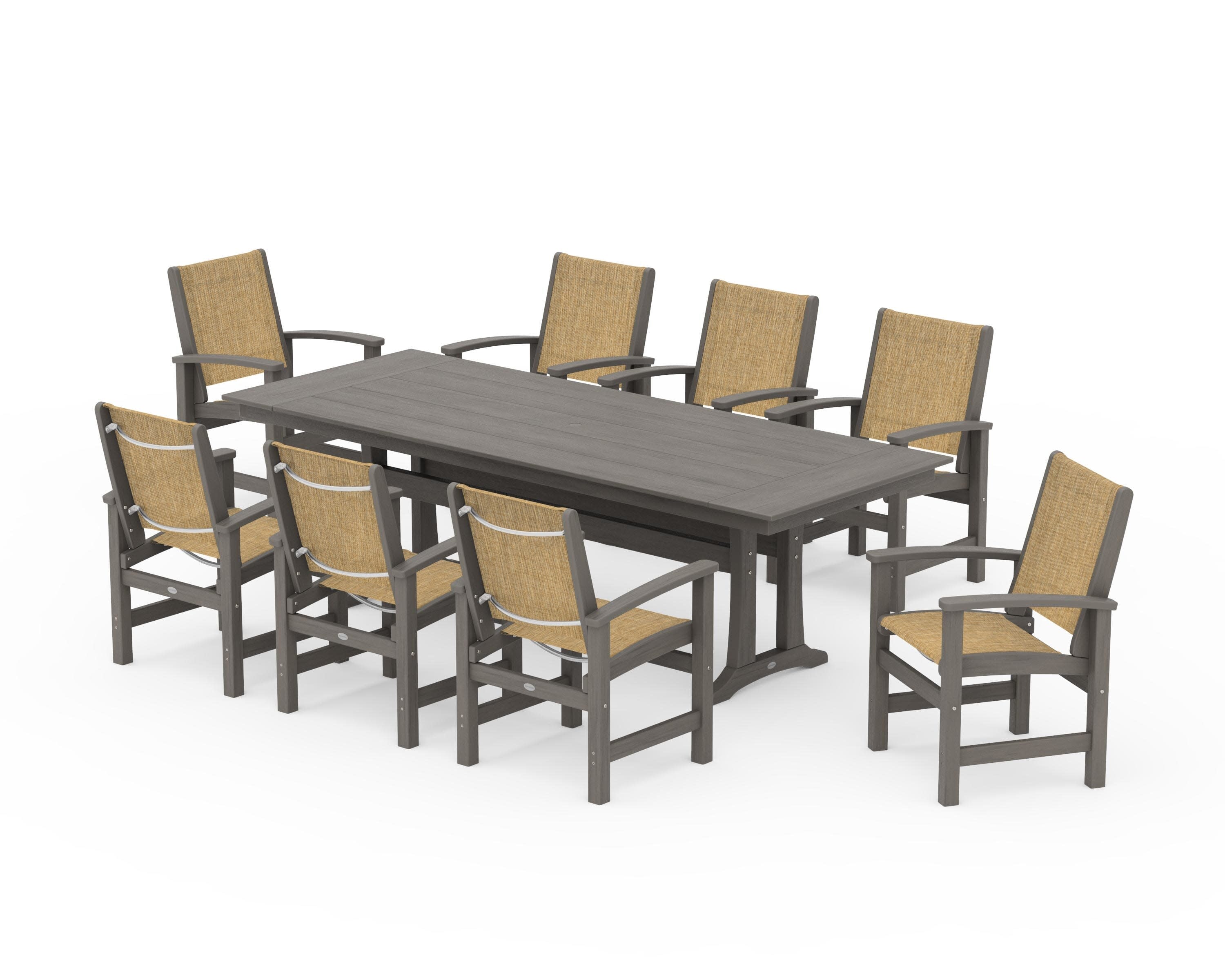 Coastal 9-Piece Farmhouse Dining Set with Trestle Legs in Driftwood / Burlap Sling