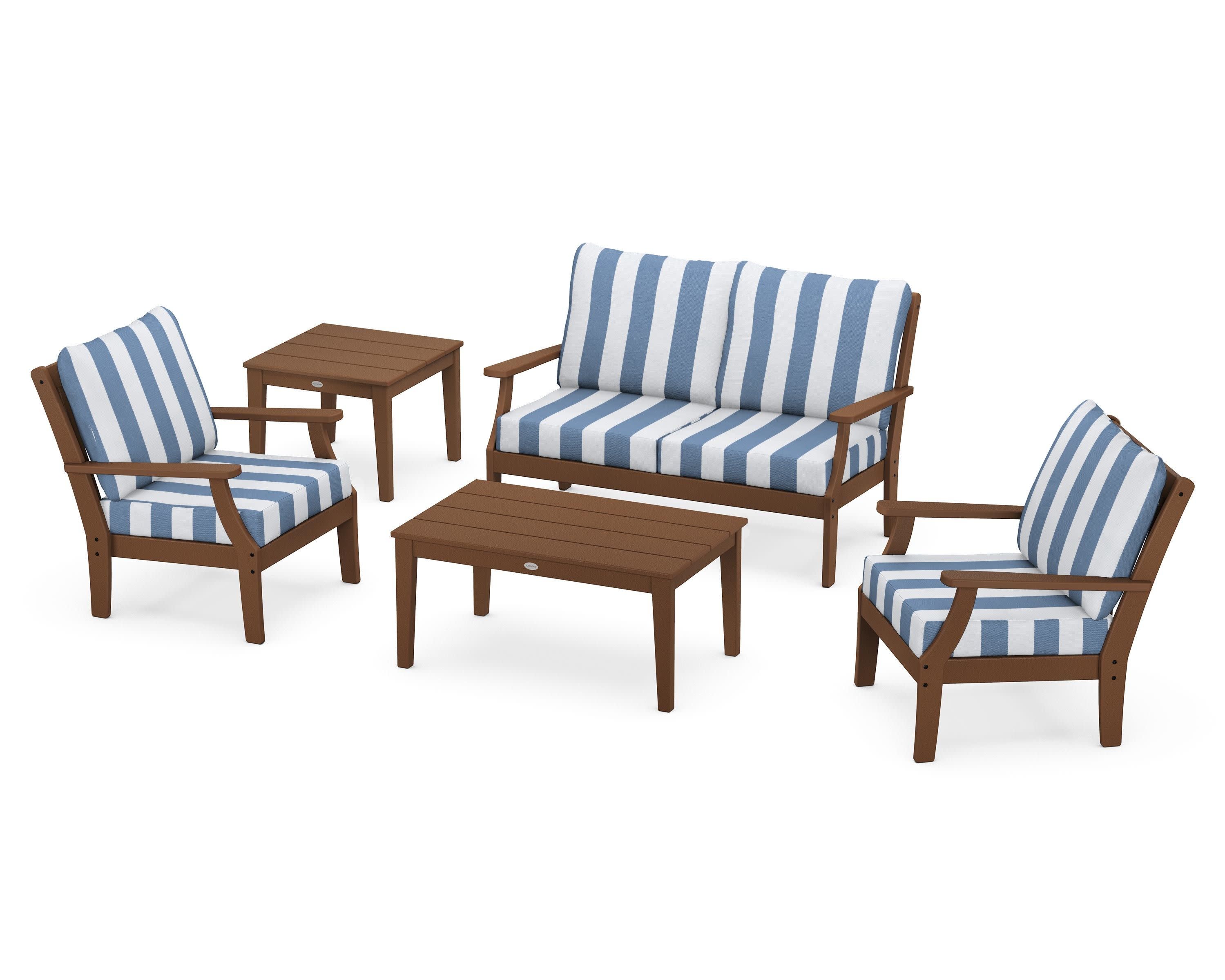Braxton 5-Piece Deep Seating Set in Teak / Cabana Stripe Sky Blue