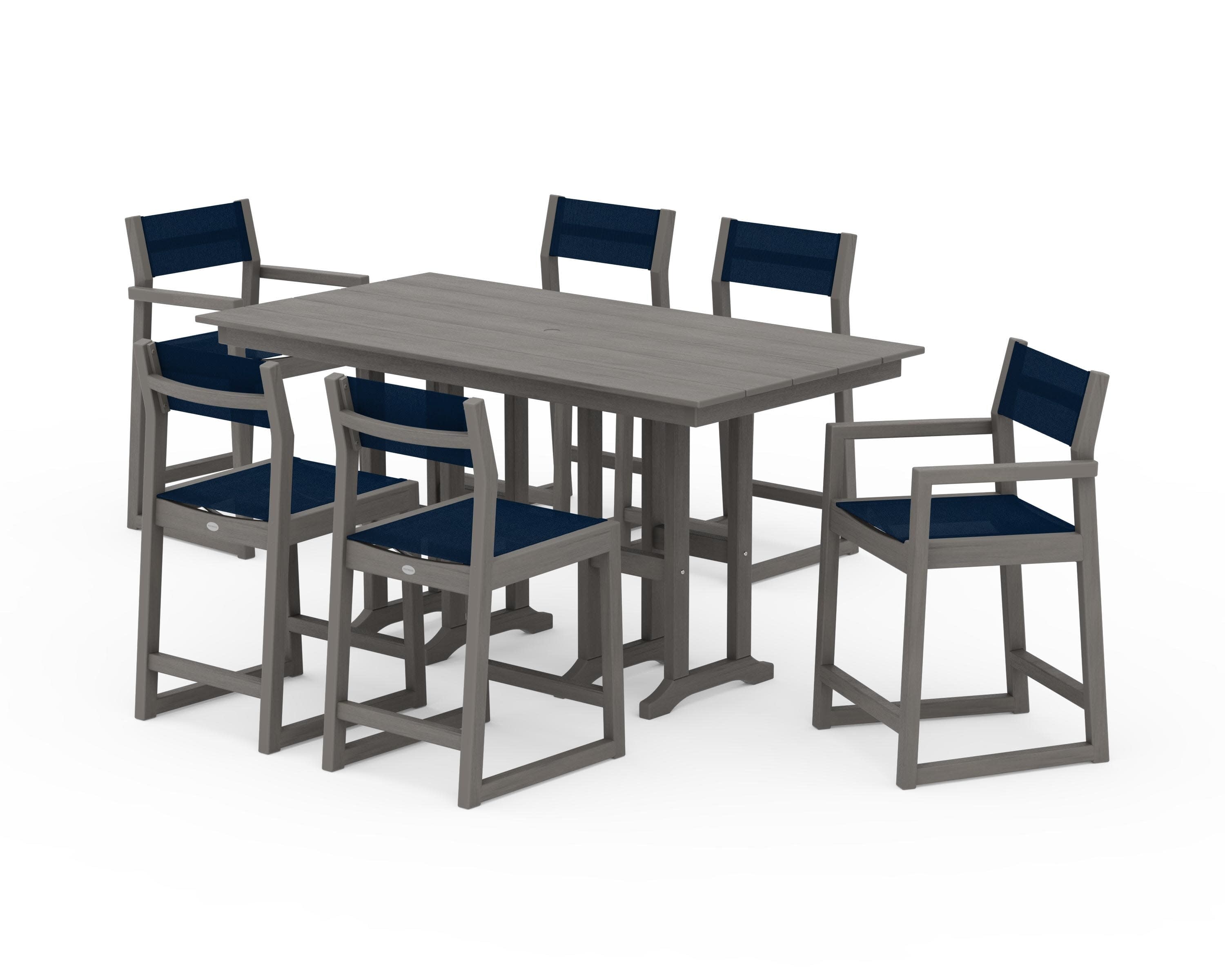 EDGE Sling 7-Piece Farmhouse Counter Set with Trestle Legs in Driftwood / Navy Blue Sling
