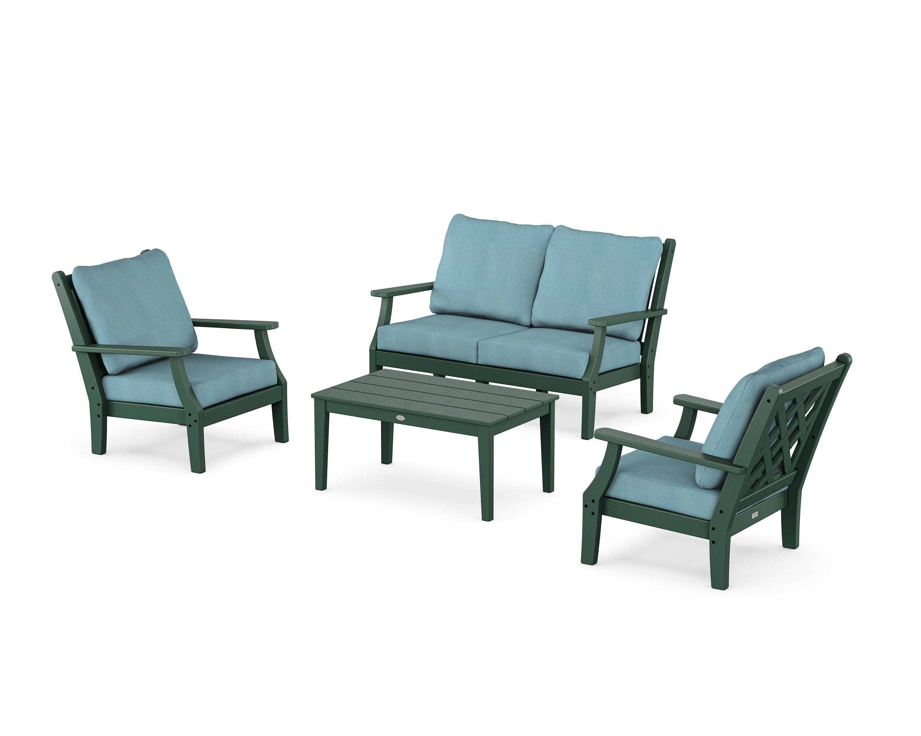 Wovendale 4-Piece Deep Seating Set with Loveseat in Green / Lattice Sky Blue