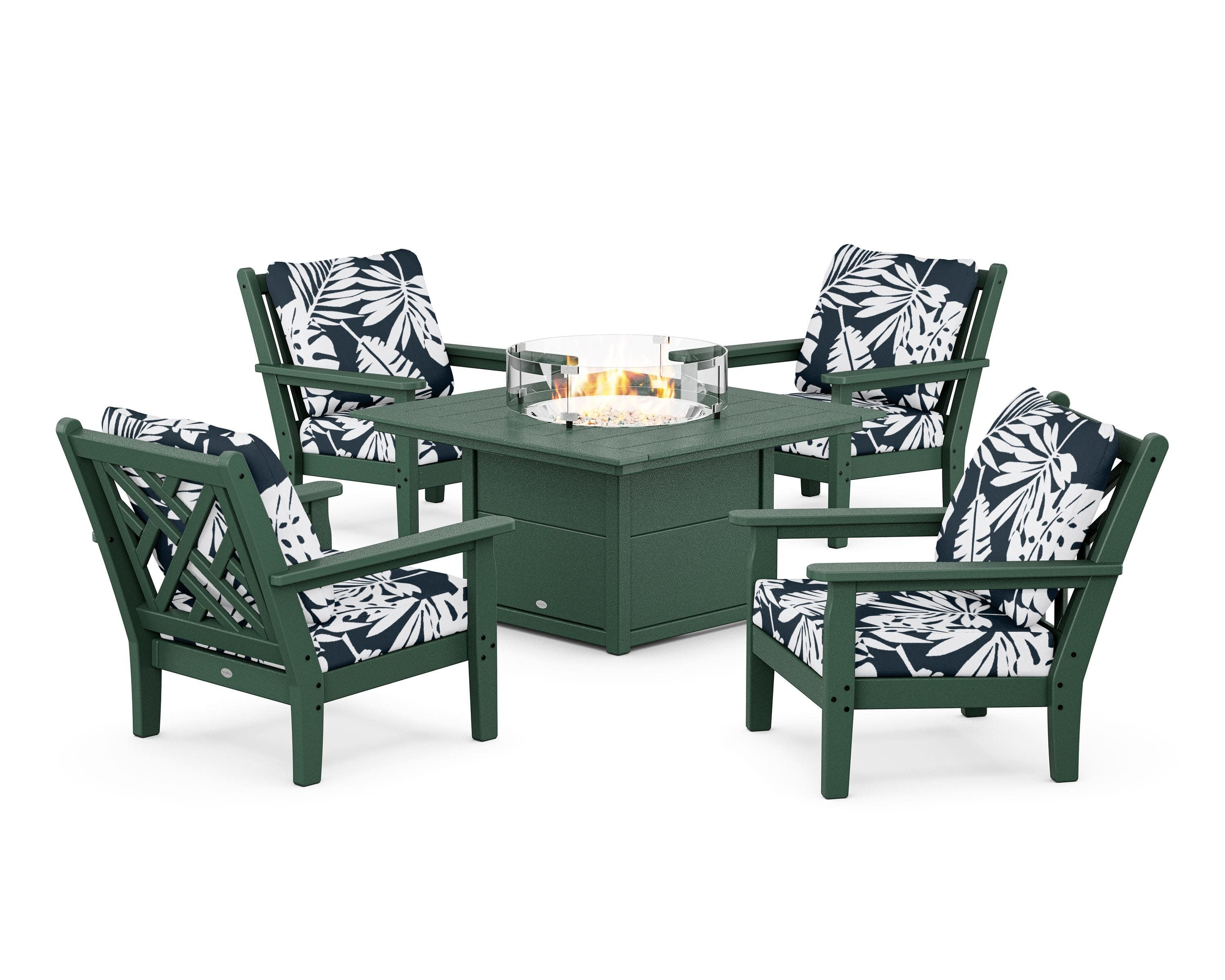 Chippendale 5-Piece Deep Seating Set with Fire Pit Table in Green / Leaf Marine Indigo