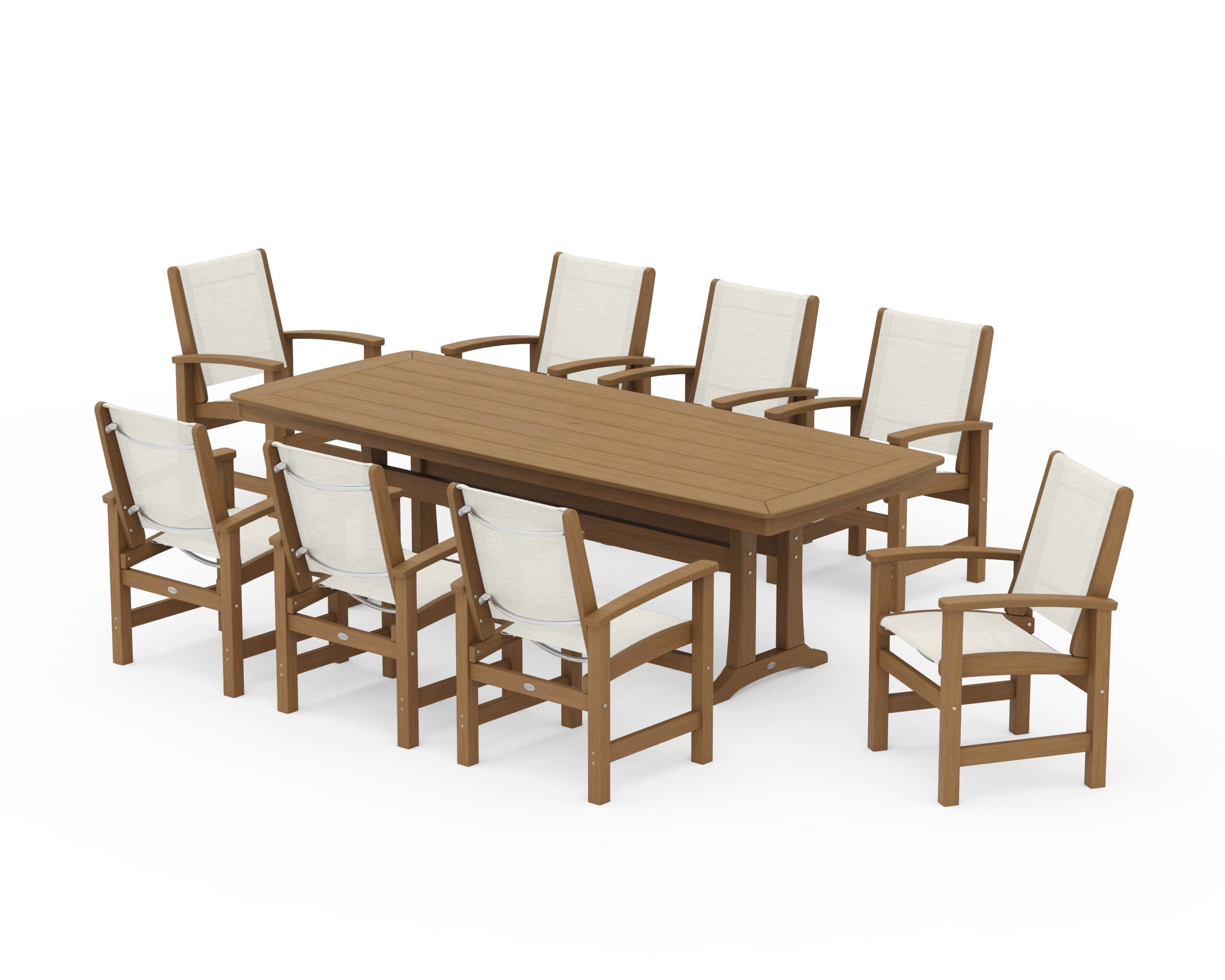 Coastal 9-Piece Dining Set with Trestle Legs in Natural / Parchment Sling