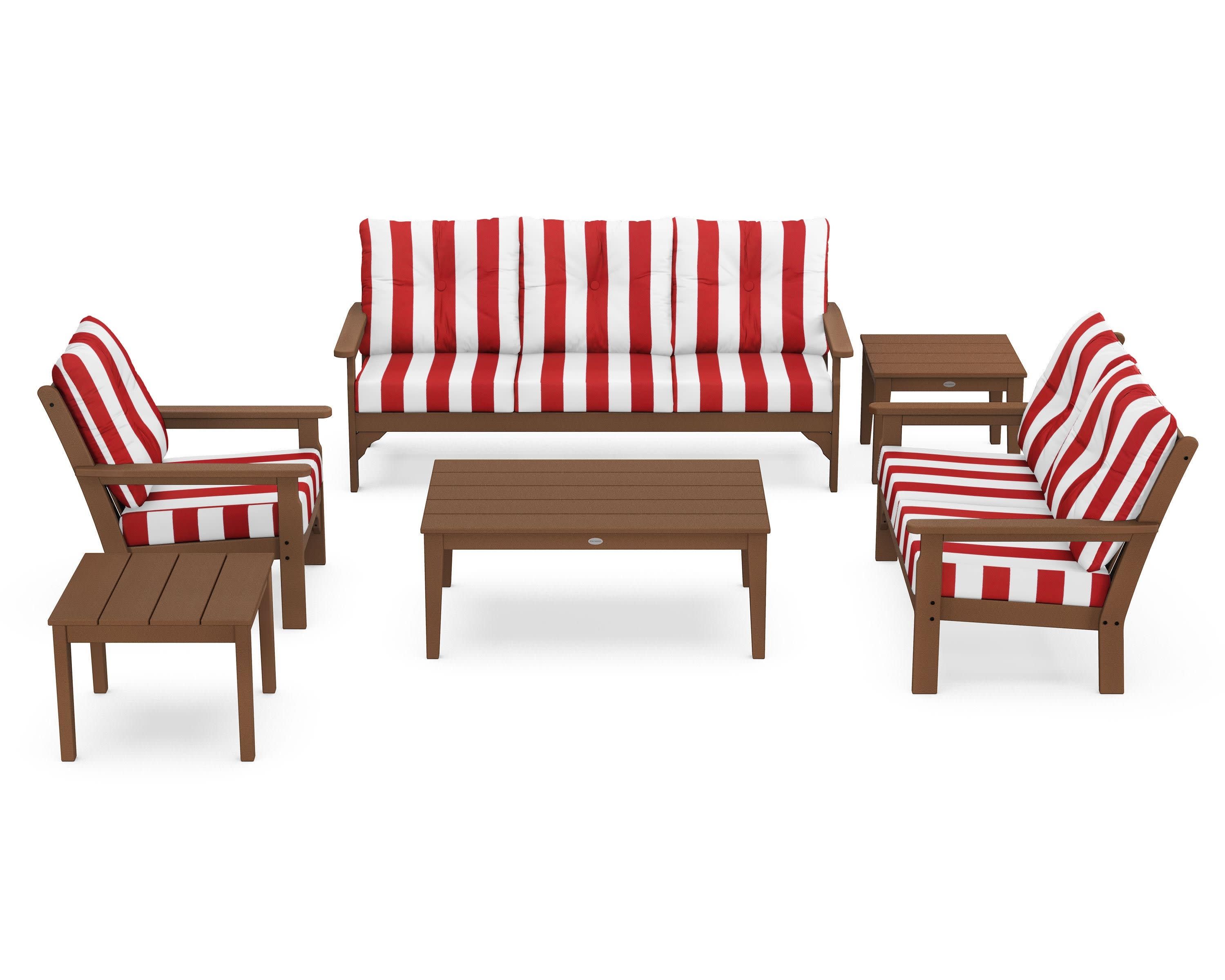 Vineyard 6-Piece Deep Seating Set in Teak / Cabana Stripe Crimson