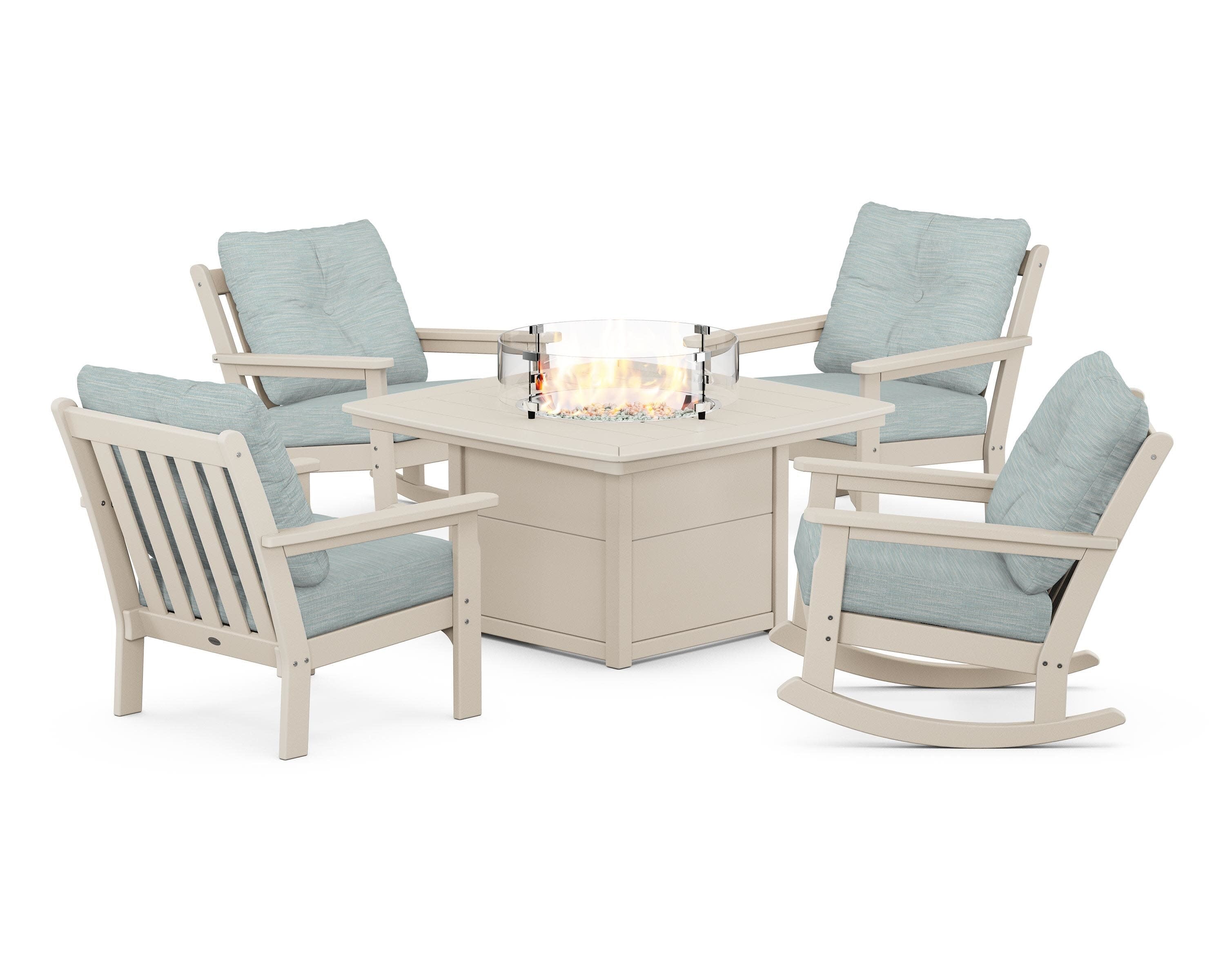 Vineyard 5-Piece Deep Seating Rocking Chair Conversation Set with Fire Pit Table in Sand / Soothe Mist