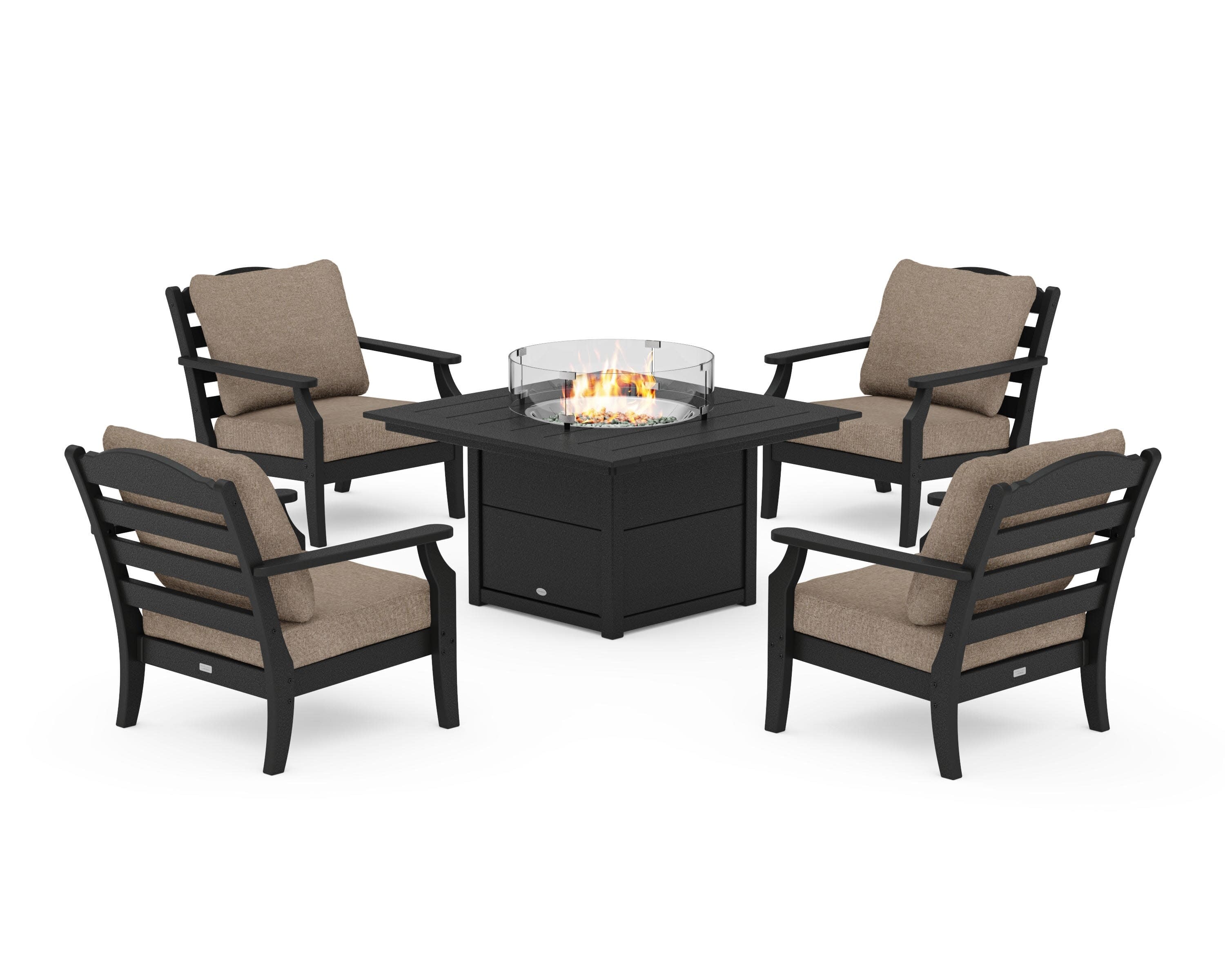 Savannah 5-Piece Deep Seating Set with Fire Pit Table in Black / Spiced Burlap
