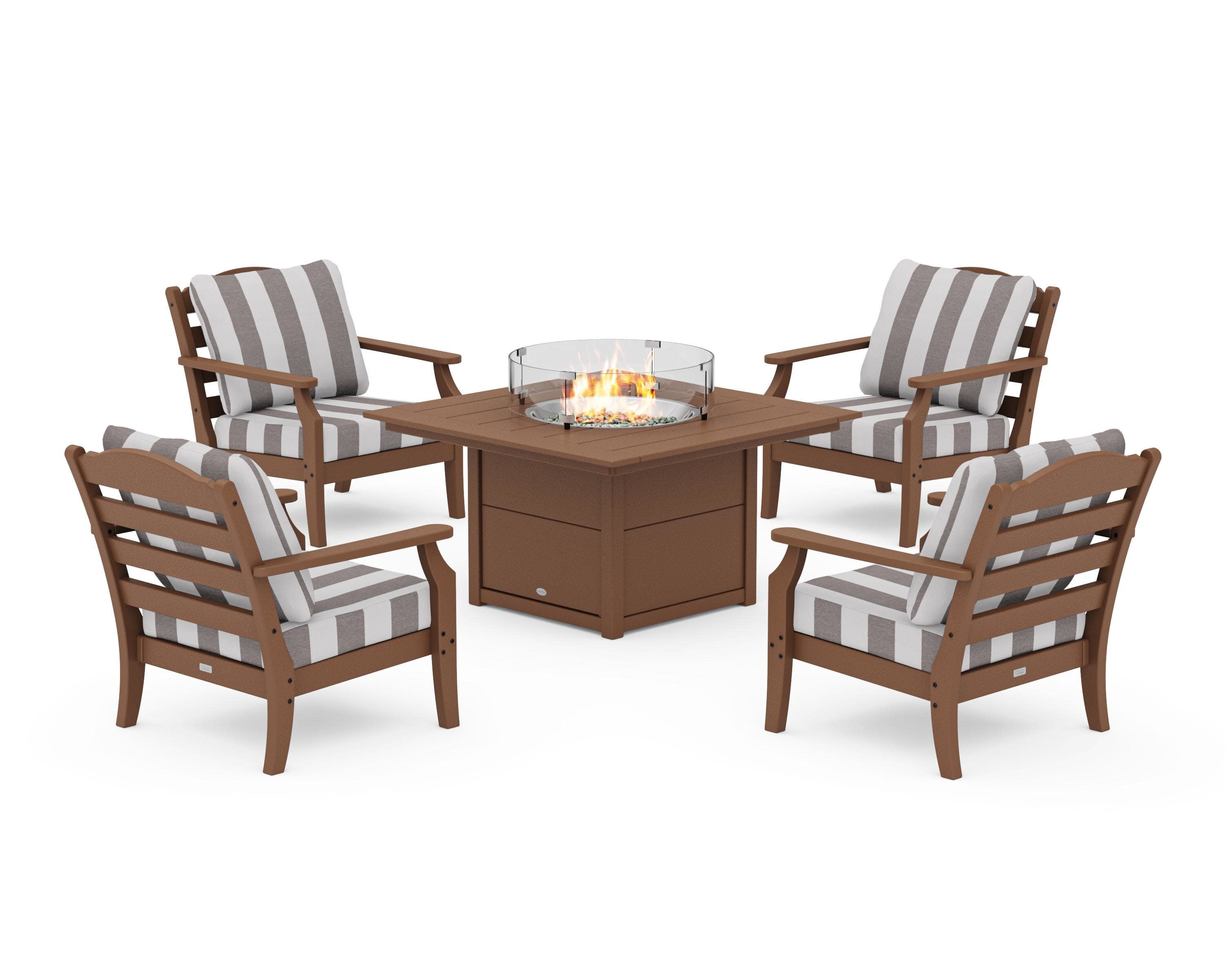 Savannah 5-Piece Deep Seating Set with Fire Pit Table in Teak / Cabana Stripe Grey Mist