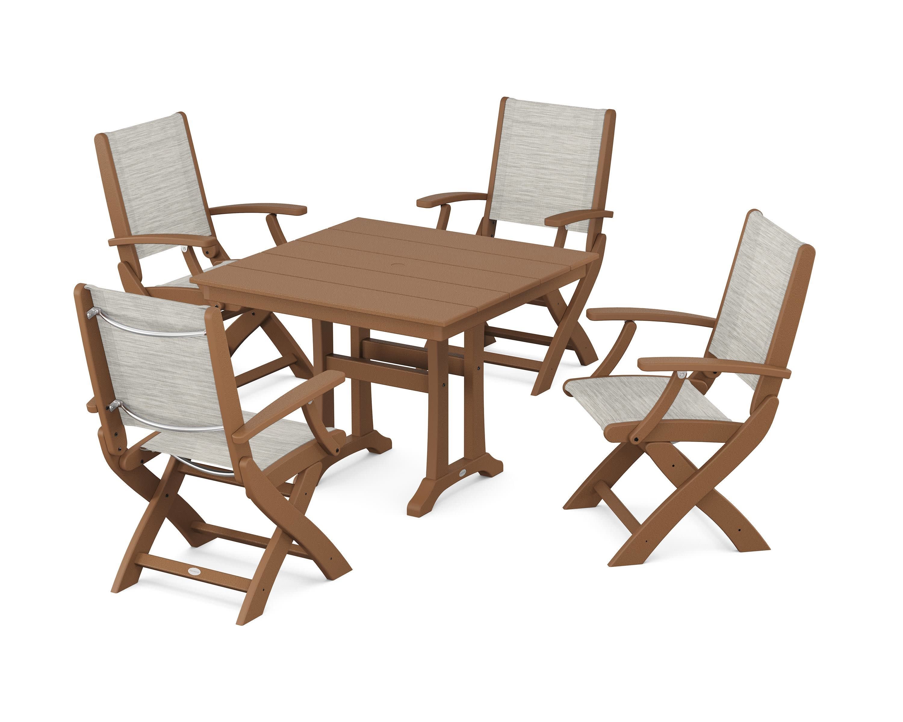 Coastal Folding Chair 5-Piece Farmhouse Dining Set With Trestle Legs in Teak / Birch Sling