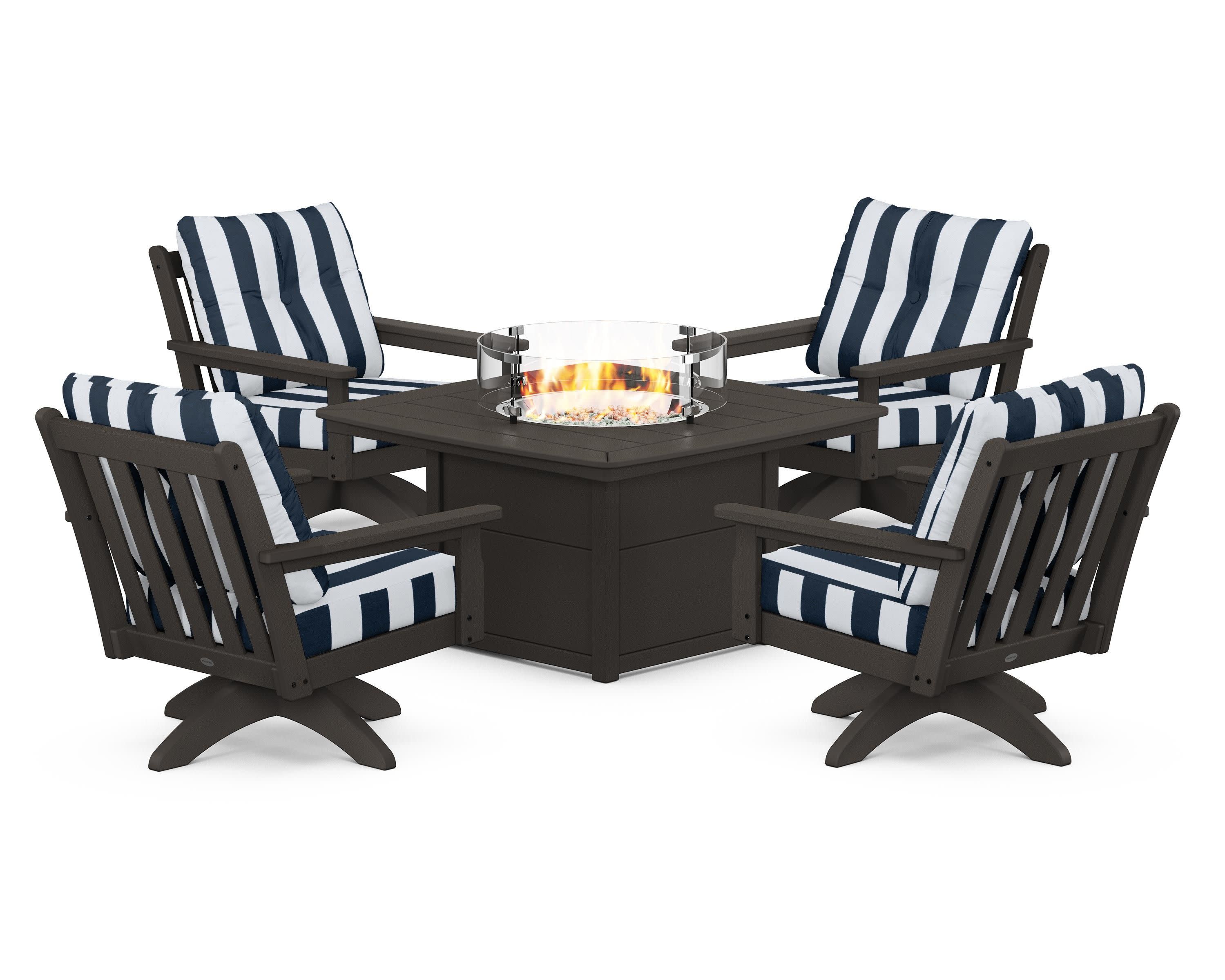 Vineyard 5-Piece Deep Seating Swivel Conversation Set with Fire Pit Table in Vintage Coffee / Cabana Stripe Marine Indigo