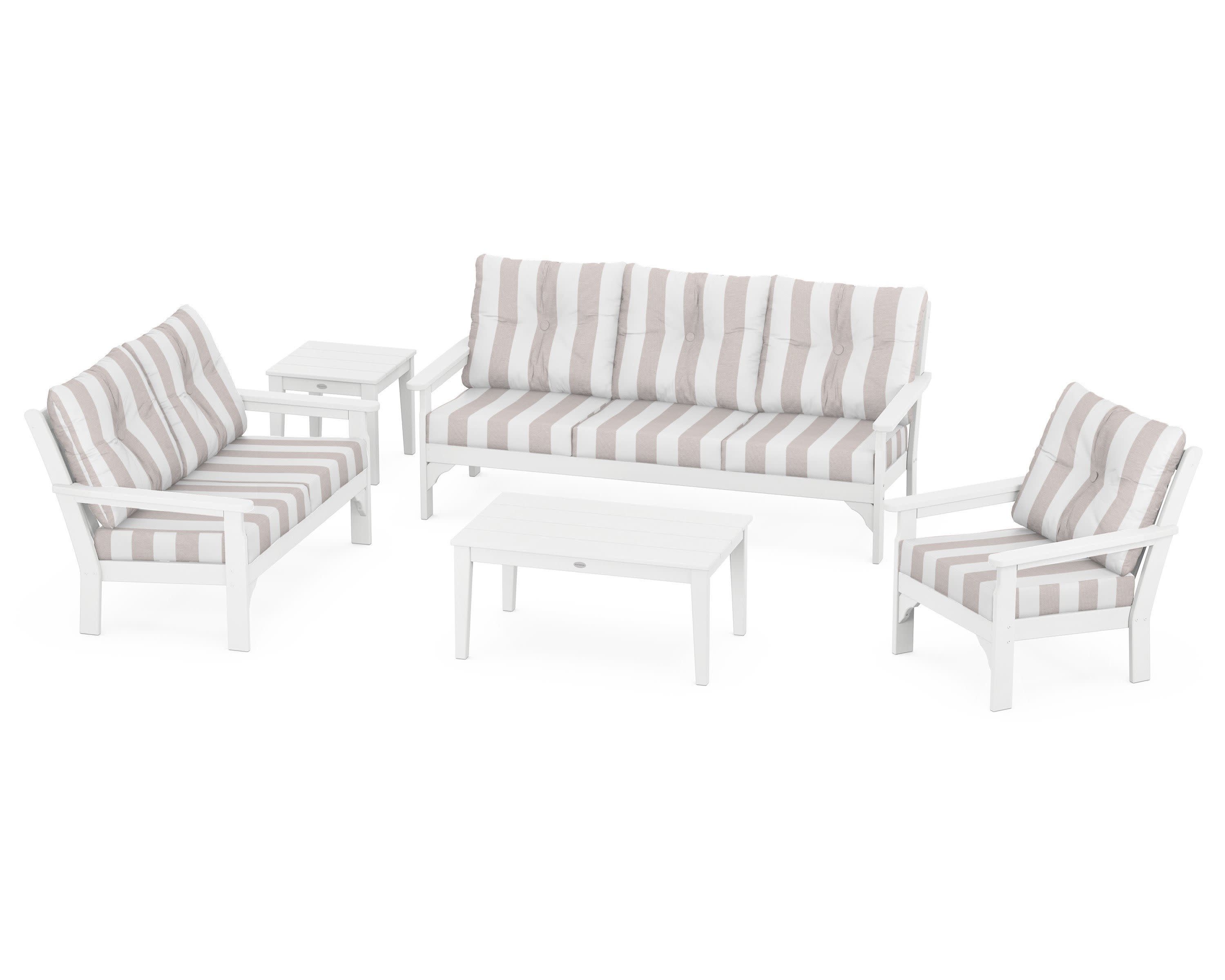 Vineyard 5 Piece Deep Seating Set in White / Cabana Stripe Dune Burlap