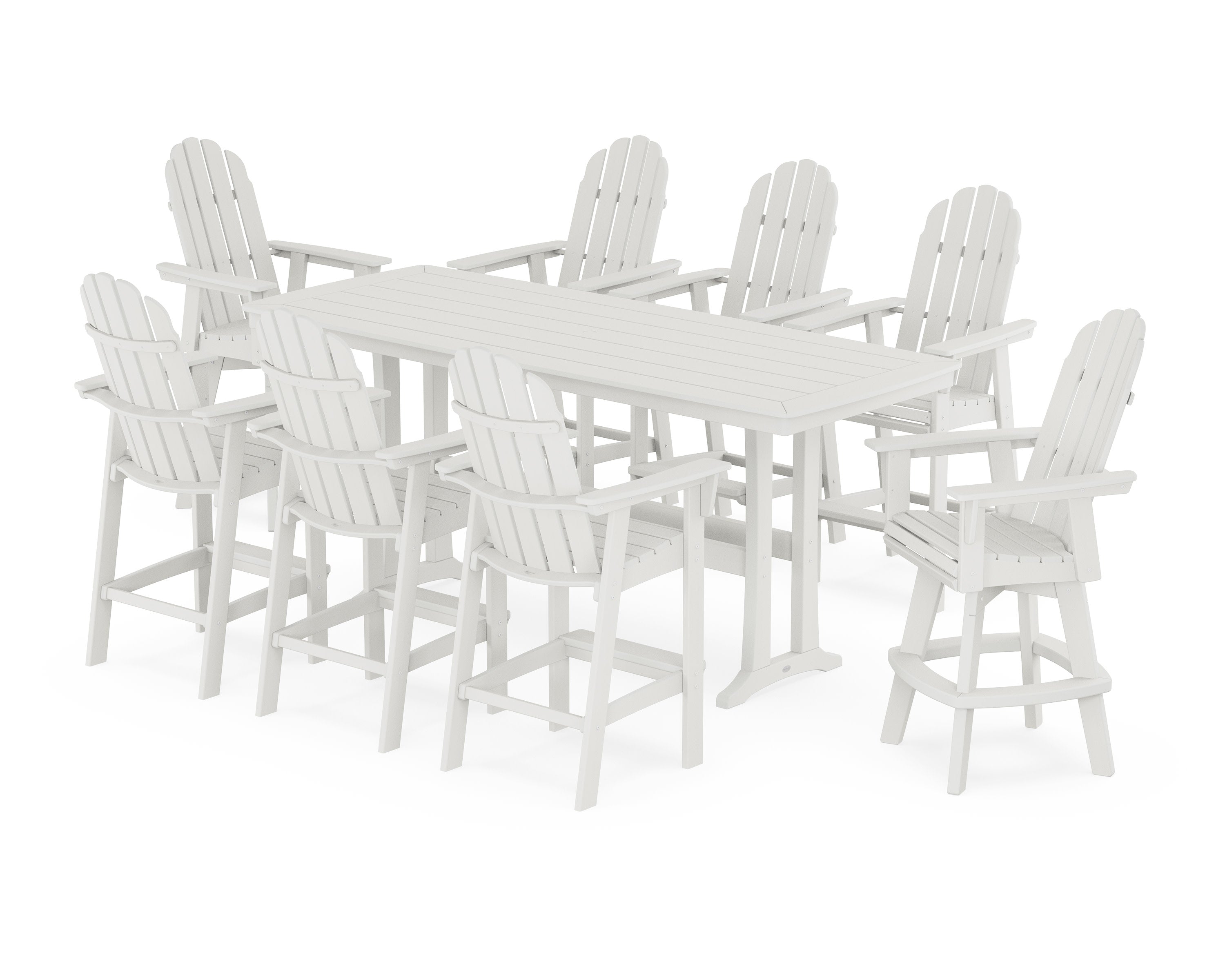 Vineyard Curveback Adirondack Swivel 9-Piece Bar Set with Trestle Legs in Vintage White