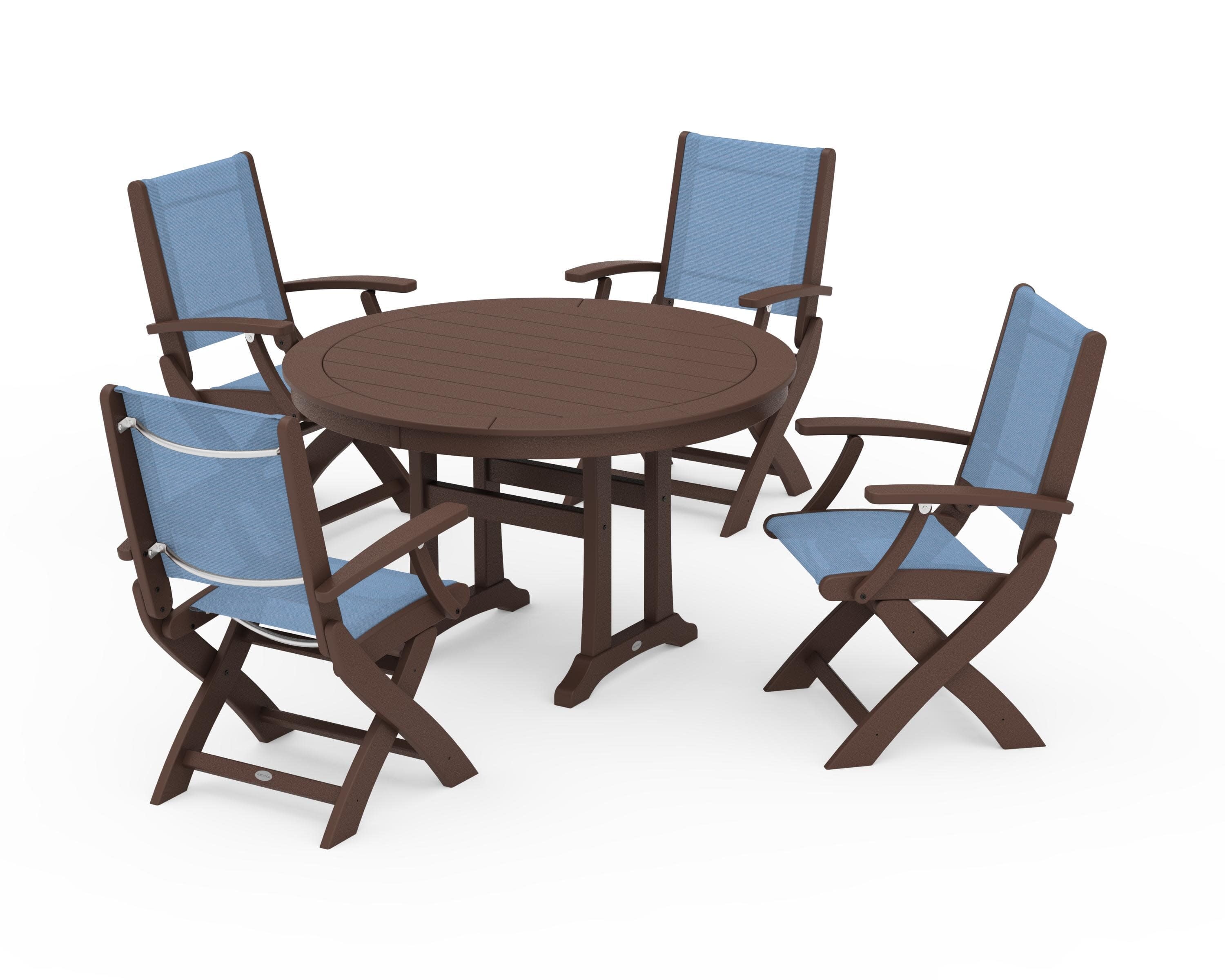 Coastal Folding Chair 5-Piece Round Dining Set with Trestle Legs in Mahogany / Poolside Sling