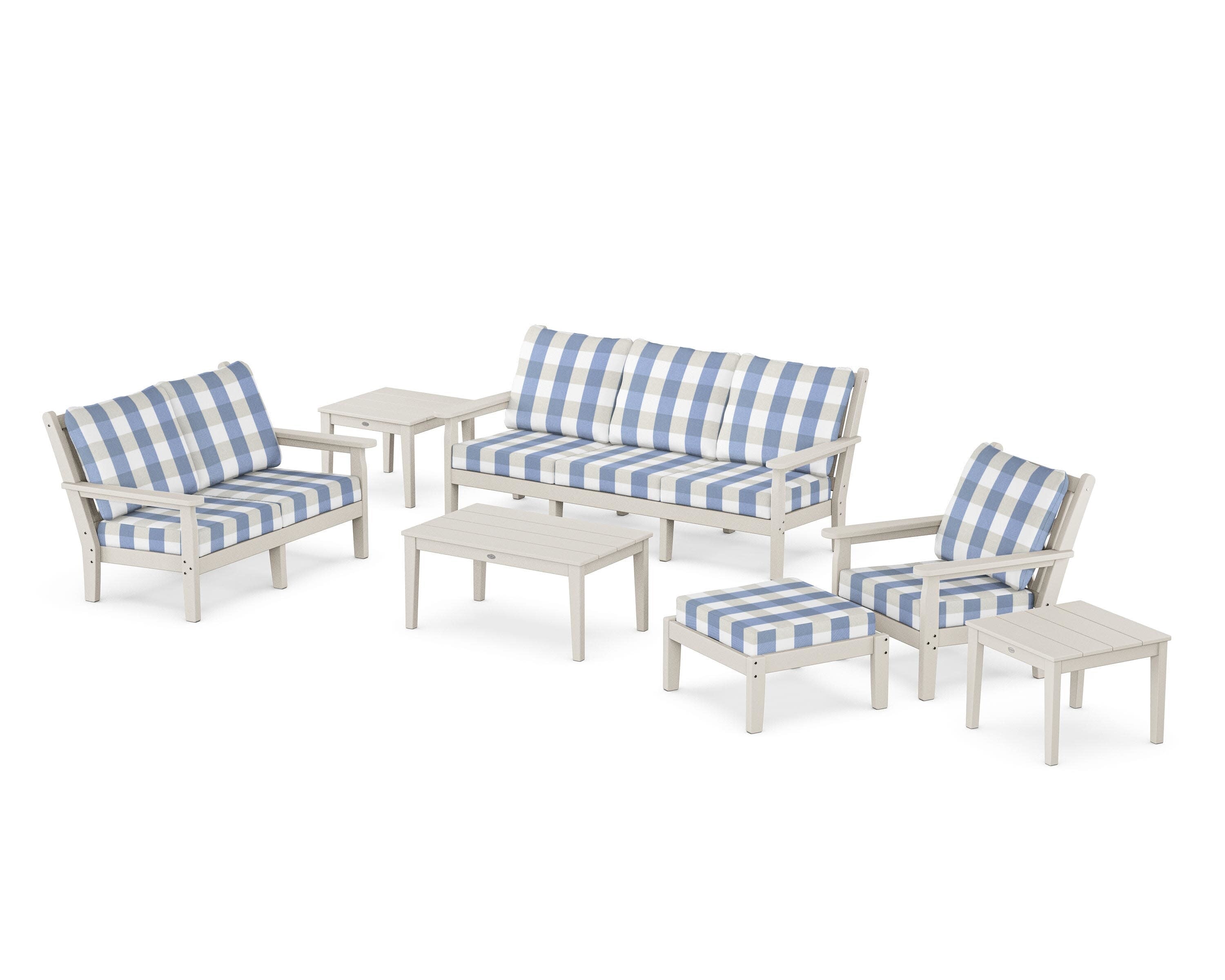Chippendale 7-Piece Deep Seating Set in Sand / Buffalo Plaid Sky Blue