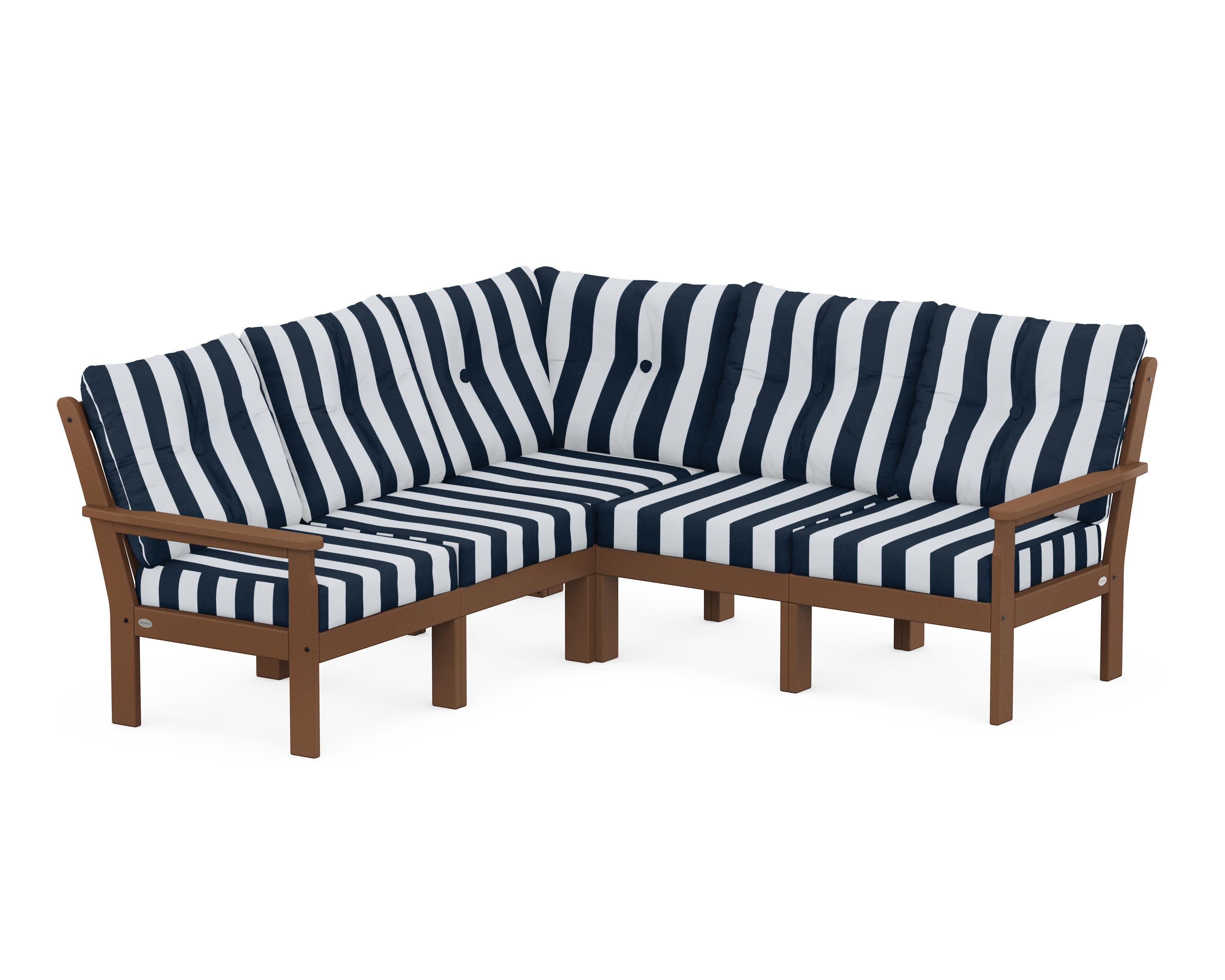 Vineyard 5-Piece Sectional in Teak / Cabana Stripe Marine Indigo