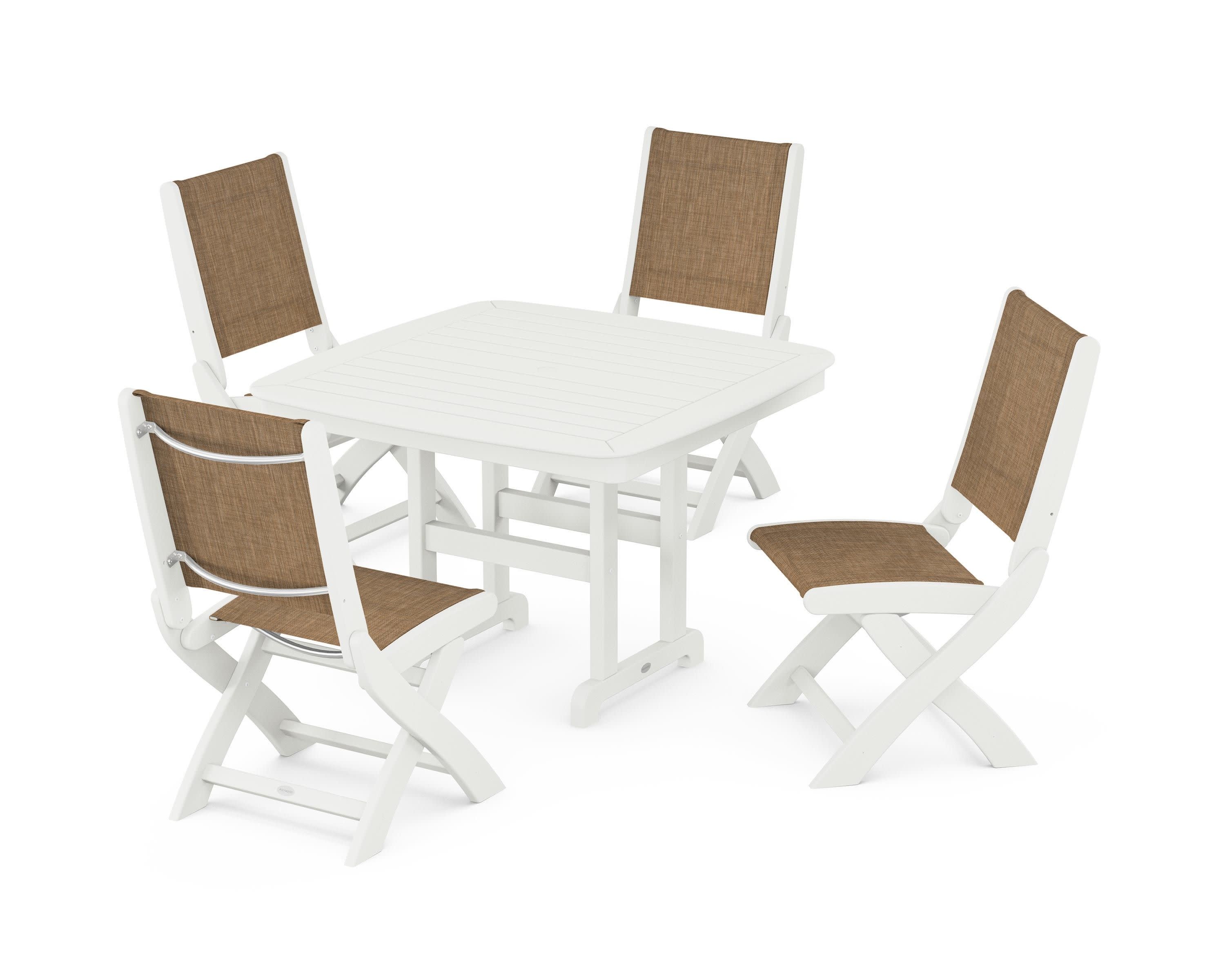 Coastal Folding Side Chair 5-Piece Dining Set in Vintage White / Burlap Sling