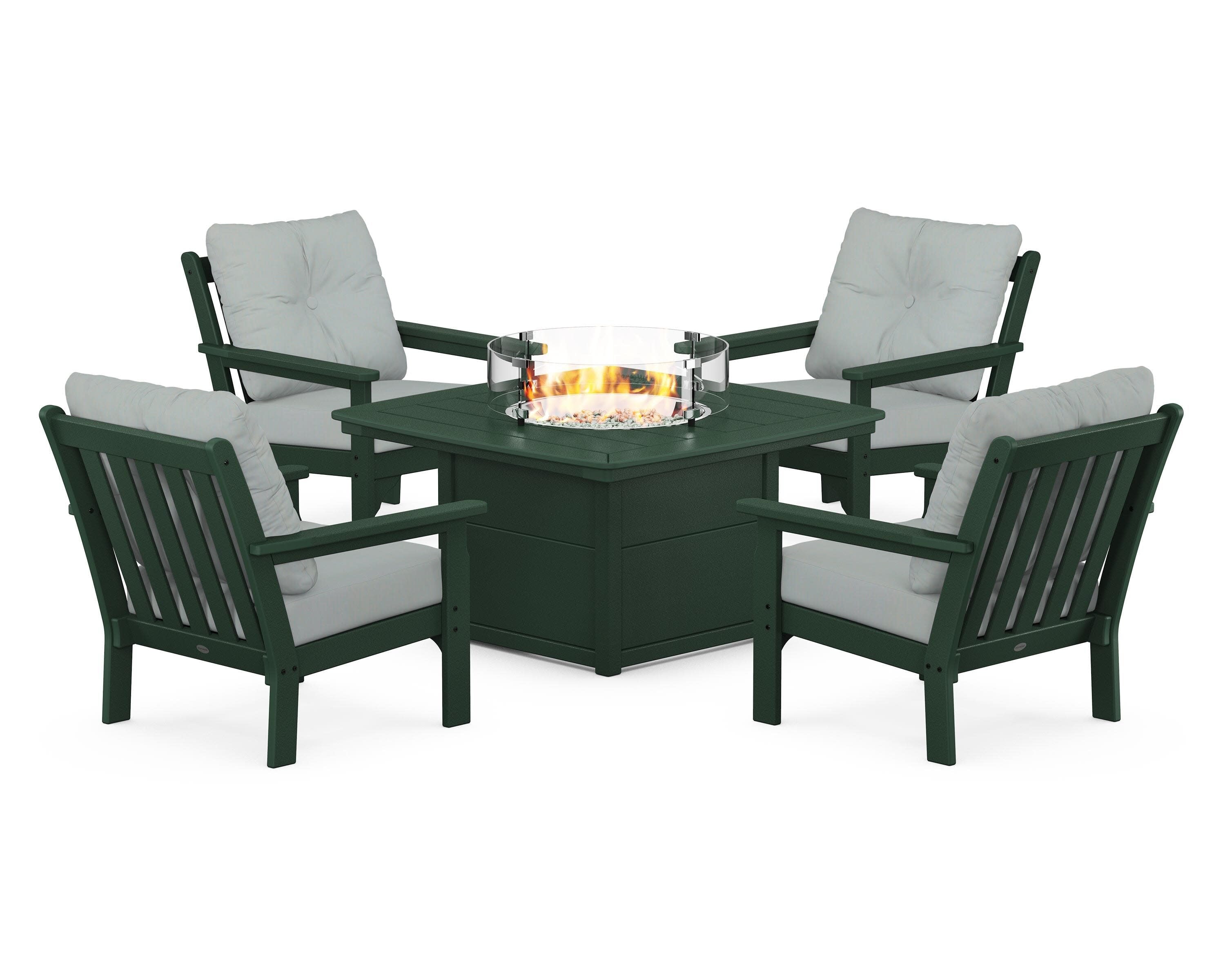 Vineyard 5-Piece Conversation Set with Fire Pit Table in Green / Spa